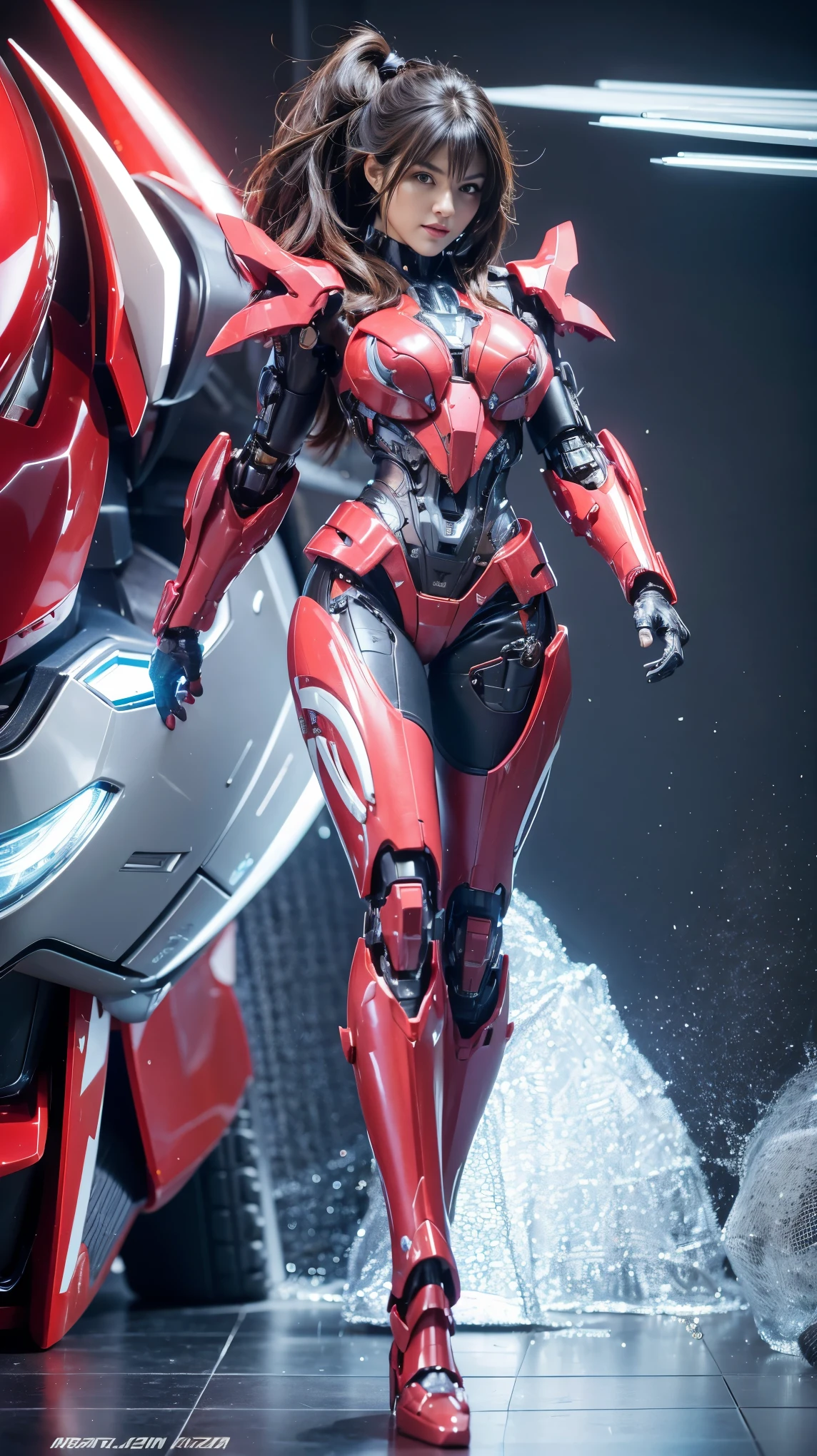 Textured skin, Super Detail, high details, High quality, Best Quality, hight resolution, 1080p, hard disk, Beautiful,(Arcee),beautiful cyborg woman,Mecha Cyborg Girl,Battle Mode,Girl with a Mecha Body,She wears a futuristic Transformers mech,Female Warrior,fully body photo