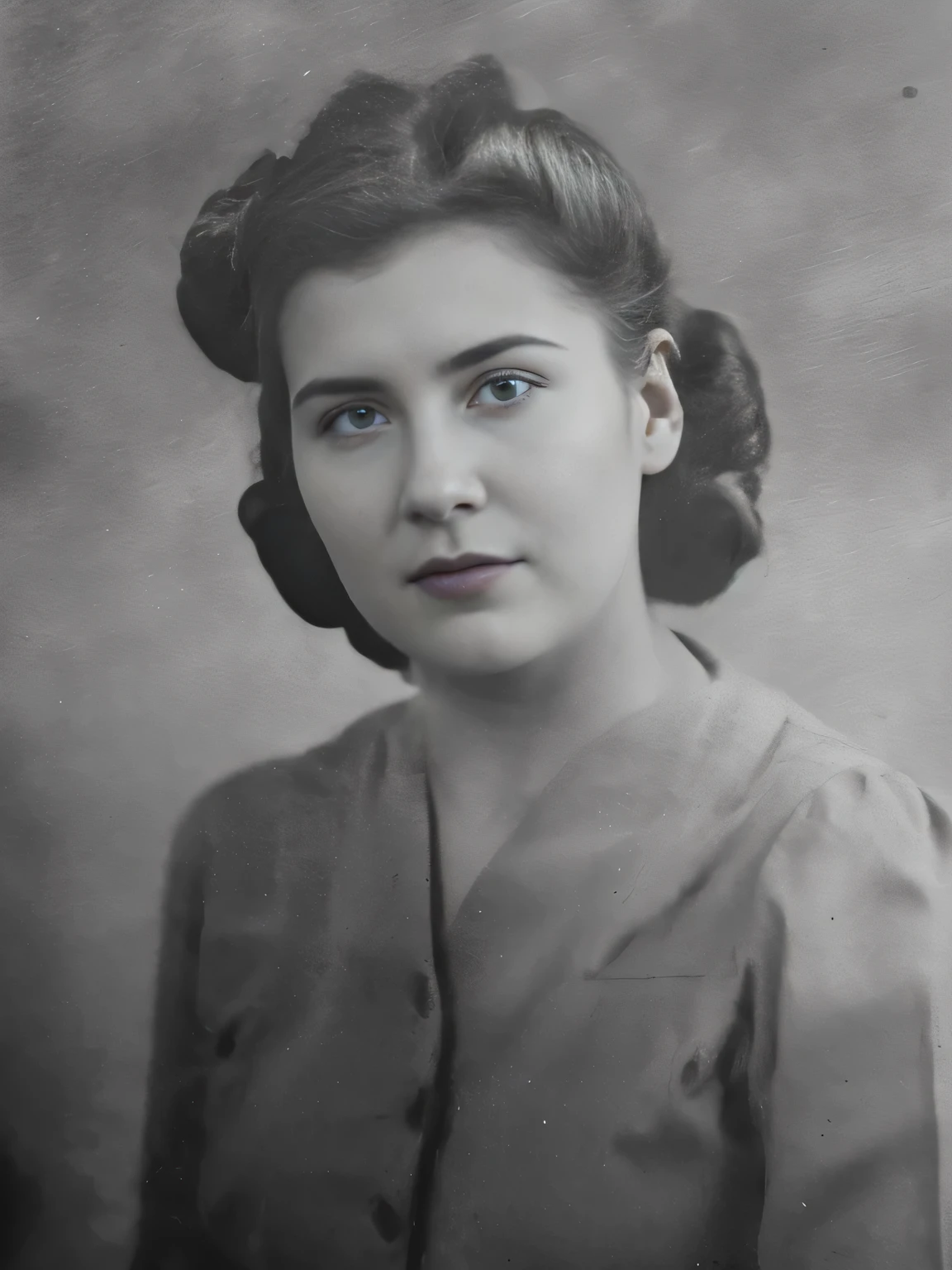 arafed foto de una mujer with a bun in her hair, foto de retrato de la segunda guerra mundial, foto de una mujer, in his 20s, foto de mujer joven, Era WW2 photograph, retrato norte - 9, foto de 1940, Location unknown, Retrato de cerca, 1 9 4 4, 1944, Era WW2