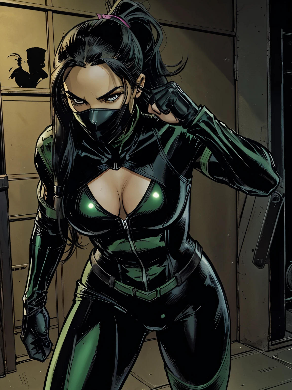 A female superhero with black and green long hair in a ponytail, wearing a black and green leather tight suit, slender with feminine athletic build and curves, assassin face mask, long finger nails, sexy action fighting pose