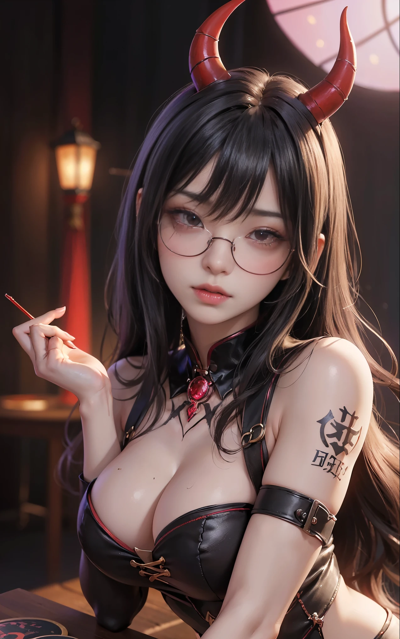 got itですかですか、(best illustrations)、8k UHD resolution、intricate details、highest quality、realistic、Super detailed、best lighting、best shadow、soft lighting、ultra hd、超realistic、Tyndall effect、Photoreal、(high detail skin:1.2)、 (intricate details, compensate, face to face with the children_v1:0.5), (got it, beautiful and delicate face, got itですか, beautiful and delicate eyes, perfectly proportioned face, high resolution skins, fine skin, Optimal ratio of 4 fingers and 1 thumb, arm under chest, red tattoo on lower abdomen、Wow wow, wide hips, smooth abdomen, thin and thin skin, __fashion__, __hair__:1.25)、Digital single-lens reflex camera、 absurd、(table top: 1.3), (maximum resolution: 1.2), (ultra hdTV: 1.2), cinematic light, fine eyes and skin, detailed facial features, , (sharp focus: 1.2), (focus on the face:1.2),perfect style, beautiful face, acura, anatomically correct, Highly detailed face and skin texture, fine eyes, double eyelid, thin eyebrows, glitter eyeliner: 1 natural cheeks, Glossy skin, Fair skin: 1.2, (glossy lips: 1.4),(embarrassed look: 1.2),Highly detailed face and skin texture, fine eyes, double eyelid, natural cheeks, glossy lips: 1.4,exposed cleavage、Bewitching。charm、 Beautiful devil woman from hell, デヴィッド・ホックニーとアルフォンス・ミュシャによる超realistic女性の肖像画, charm女性の肖像画、fantasy art, Chinese humanoid robot、chinese actress、dungeon、dragon、devil'palace of、devil'torture chamber、night、dark style 、in the dark、(detailed spooky background:0.8), magic、 1 girl、evil nun、dark necromancer、Succubus、devil'Daughter of、Shinonome Umi、bat wings,(((devil'Horn)))、 ((((giant glasses, otaku glasses, thick glasses, round glasses)))),(((big breasts)))、(devil'tail)、(red eyesは光り輝いて:1.6)、red eyesは非常に鮮明で詳細です, your eyes are so beautifully made, ((red eyes:1.0)),intricate tattoo, demonic intricate tattoo, thigh tattoo, body tattoo, masterpiece、最もbeautiful face、baby face、cute smile、beautiful plump red lips、筋肉のcharm体、devilのcharm体、devil style、charmブラックマジックコスチューム、The long-haired、Braid、Black hair、Ponytail distortion、, Ponytail with a bow tied at the back of the hair, beautiful expression、body up、big breasts強調、bust, super tight chest, Breast augmentation surgery, Breasts are very big and round,tight waist、wide ass、 secret key, cowboy lens, (black phoenix dress: 1.0), devil crown, red gemstone necklace、Jewelry G Wise, Please wear black mesh socks,wearing light red、nffsw, nffsw, Meeting beautiful girls, look at the girl'Main body,