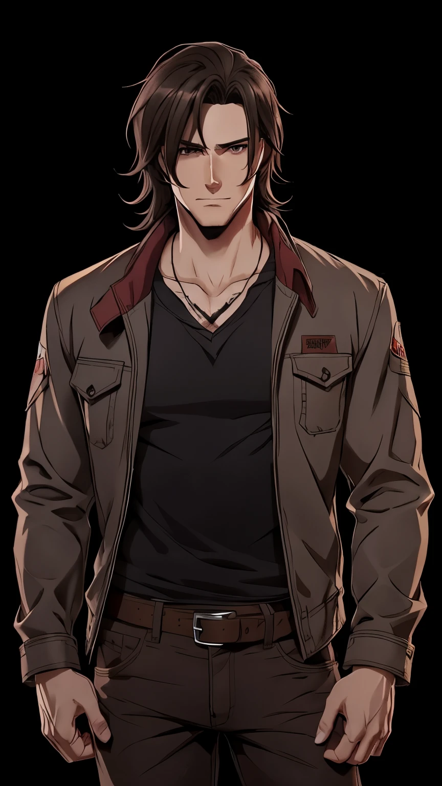 A man, medium long brown hair, scars on his face,  purple eyes, red bandana on his neck, grey shirt, casual jacket, black belt, black pants, concept art, concept art, anime, anime