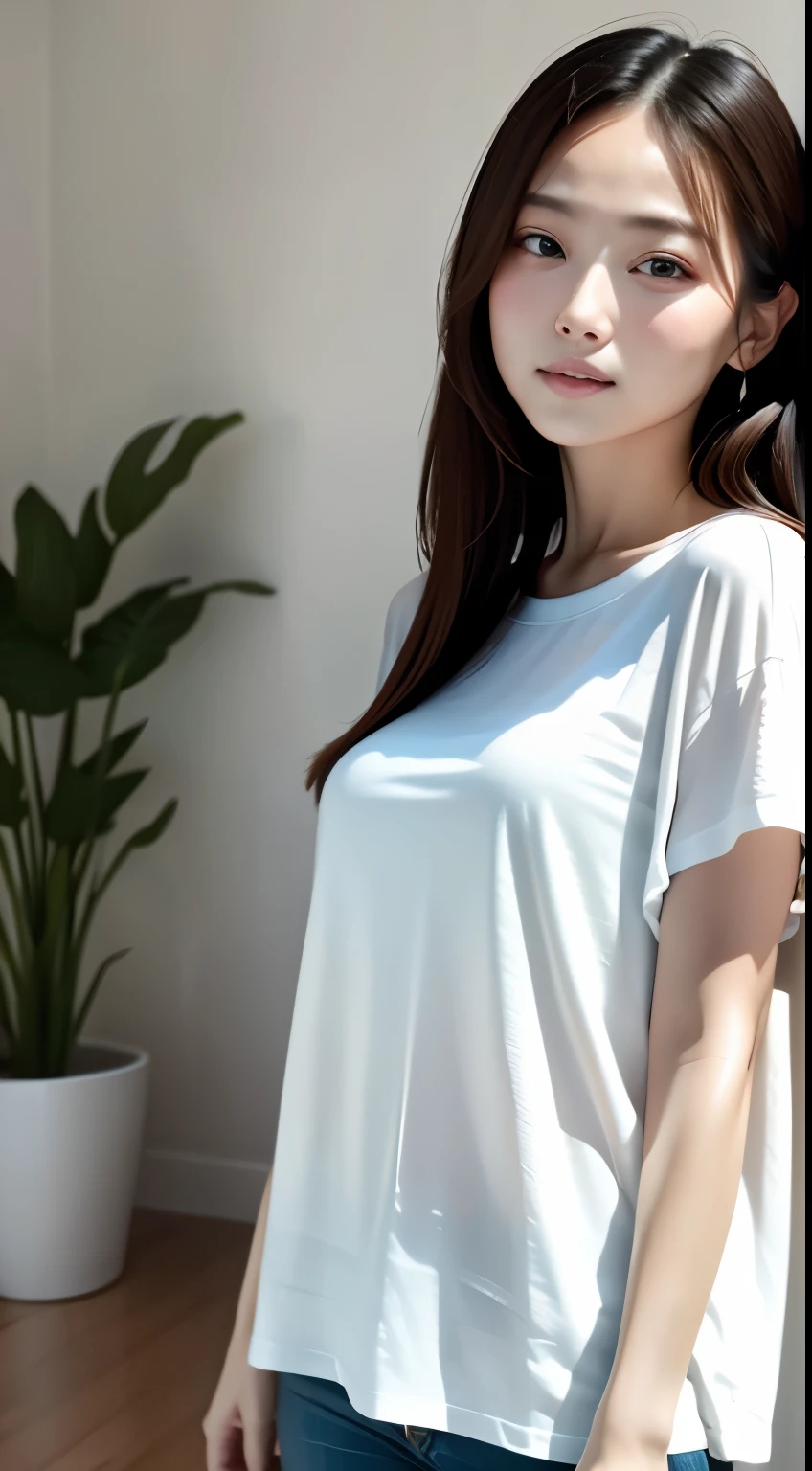 adult charm、２７talented woman、perfect style、ideal body、small breasts、Ultimate Beauty、no makeup、everyday morning、realistic, No bra:1.3、white t-shirt、movie-like scene, 超realistic, ray tracing, HDR, highest quality, High resolution, 8k