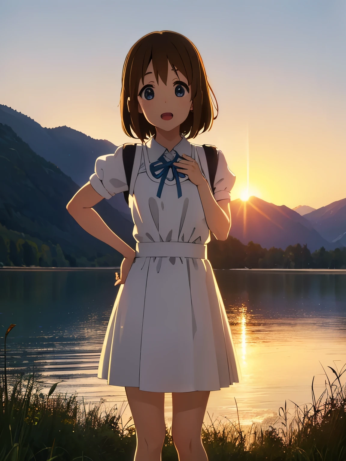 1girl, (((masterpiece))), top-quality, top-quality, High Details, hirasawa yui, 1girl, Sakuragaoka High School Uniform, student clothes, maid cafe uniform, two-yellow hairpin, short hair, A brown-haired, brown-eyed, solo, reddish, thin blue ribbon, full body, full image, Camping by the lake, campfire, camping tent, camping cooking utensils, grilled meat, illustratio, comic strip, soothing tones, Subdued Color, Soft cinematic light, adobe lightroom, photolab, HDR, intricately and hyper-detailed、(((depth of fields))))。(((masterpiece)))。(((top-quality))).)((ultra-detailliert)))。(((illustratio)))。(((takeout))).dynamic focus.big breasts.(((lake))).(((A mountain scape))).(((Face of happiness))). open mouth.(((put hands on the hip))).(((up chest))).((evening glow)).((the setting sun)).