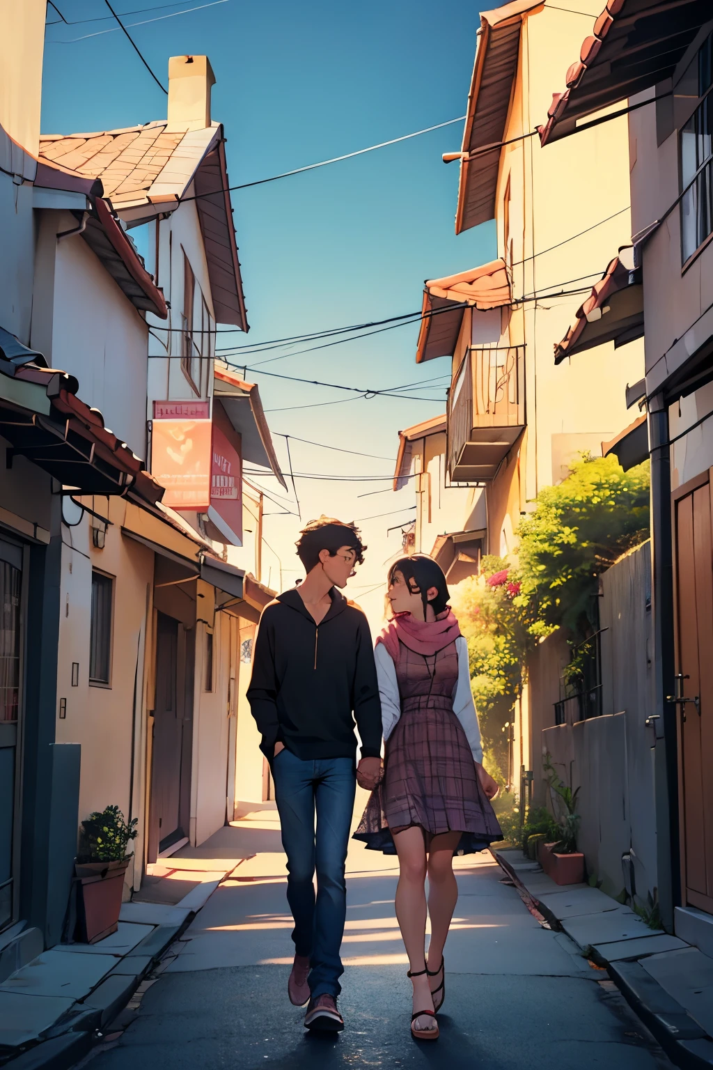 A capa do livro "The Inside of the Heart" apresenta uma cidade de interior ao fundo, with quaint houses and a tree-lined main street. The sky is tinged with warm shades of orange and pink, indicating a sunset. No centro da imagem, a age couple is standing, de frente um para o outro, com um olhar de amor e ternura. They are holding hands and smiling at each other. The man is wearing a plaid shirt and jeans, while the woman is wearing a light dress and a scarf. The title of the book, "The Inside of the Heart", is written in elegant, cursive letters, standing out against the colorful sky.