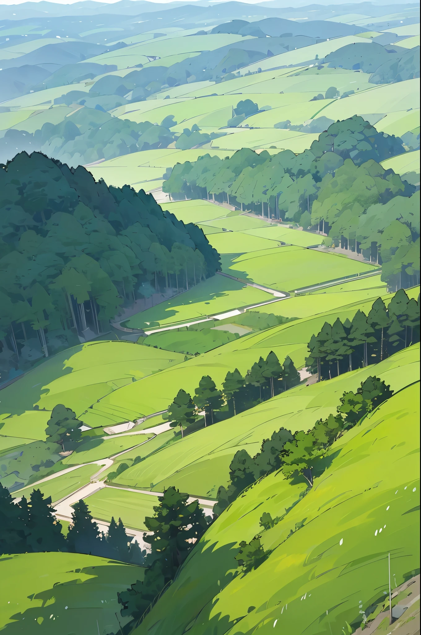 View from above, summer, korea, (The green forest spreads out:1.5), complex forest, forest view, animation style, ghibli, Shinkai Makoto