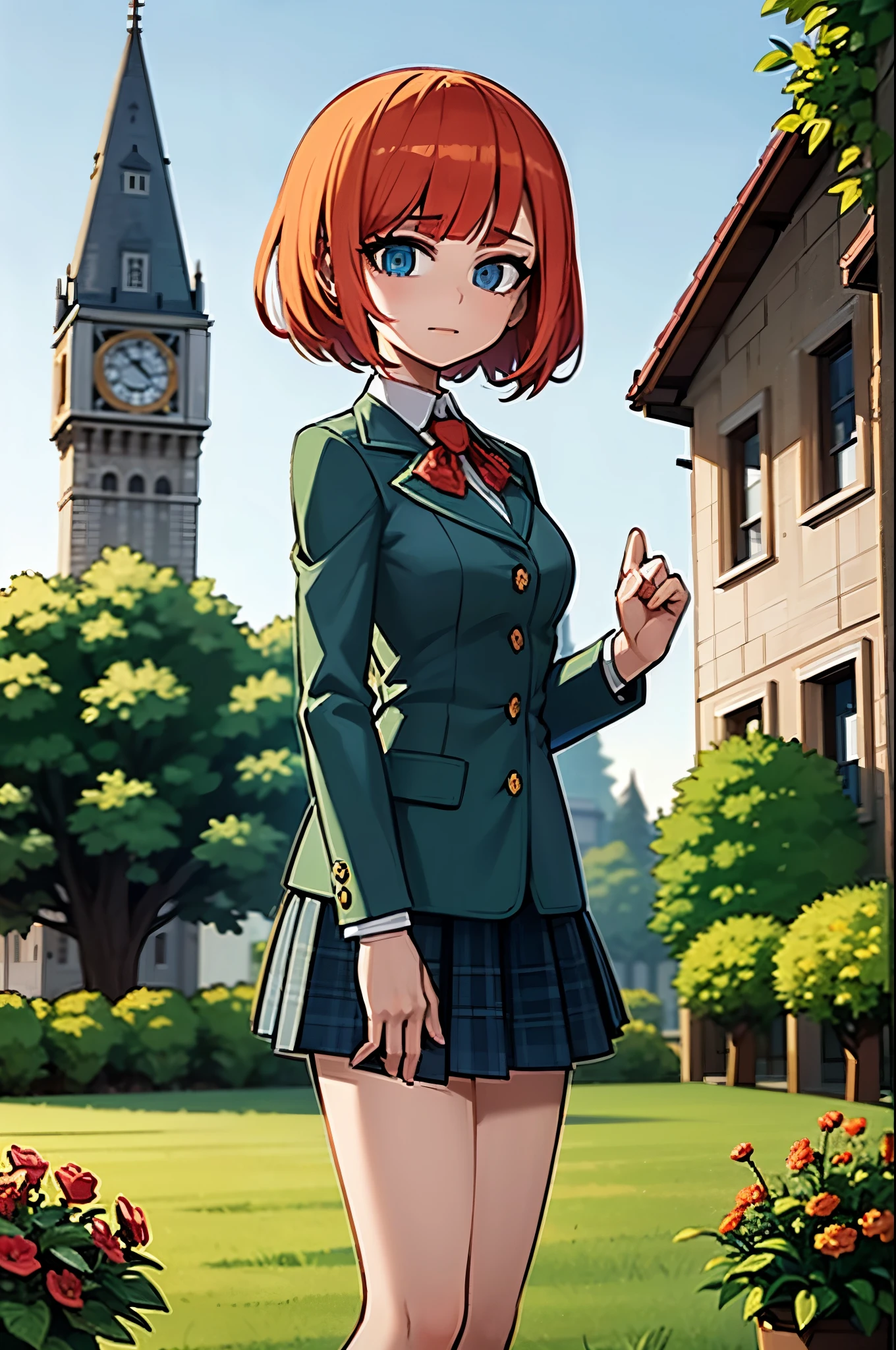 young girl, bob hair cut, blue eyes, chin-length Venetian-blonde hair, red hair, wears her green boarding school uniform, green jacket and tartan patterned blue and orange skirt., 4k, masterpiece, alyssa hamilton clock tower 3, in a garden , looking at viewer