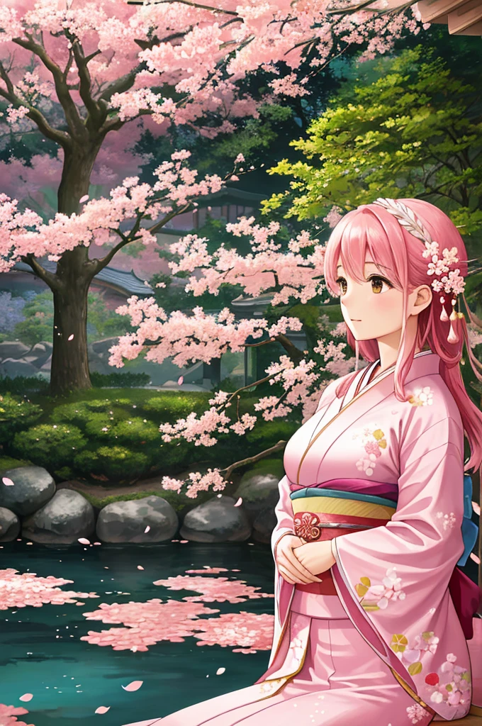 （best quality,4k,8k,highres,masterpiece:1.2),ultra-detailed,(realistic,photorealistic,photo-realistic:1.37),Sakura Maiden,sakura petals falling,serene atmosphere,traditional kimono,graceful pose,faint smile,gentle breeze,blossoming cherry trees,soft sunlight,subtle shadows,ethereal beauty,vibrant colors,delicate cherry blossoms,pink hues,sublime elegance,tranquil garden,sublime elegance,peaceful ambiance,Aesthetic style,Japanese symbolism,delicate features,ethereal presence,lush greenery,harmony,subtle lighting,zen-like serenity