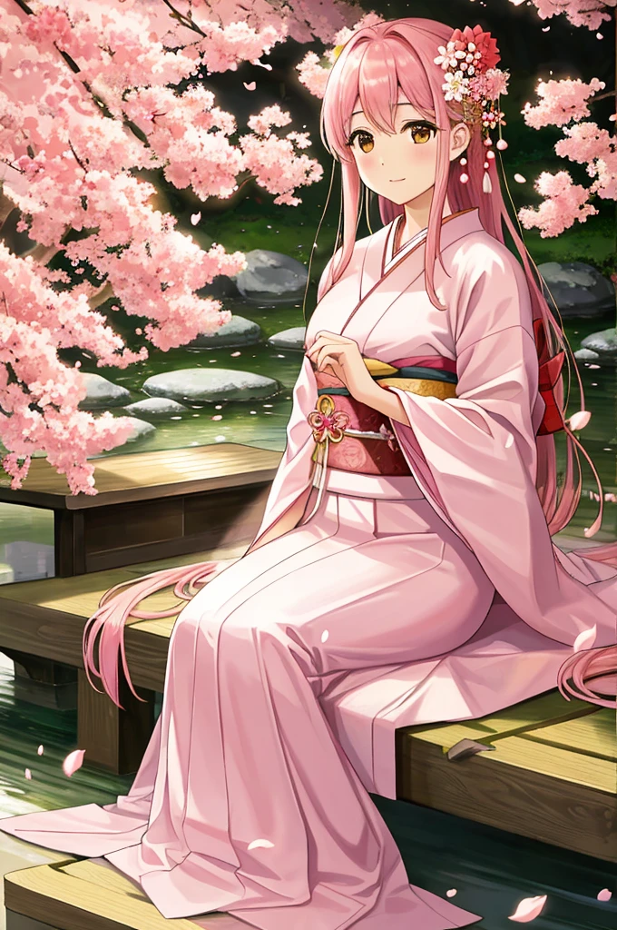（best quality,4k,8k,highres,masterpiece:1.2),ultra-detailed,(realistic,photorealistic,photo-realistic:1.37),Sakura Maiden,sakura petals falling,serene atmosphere,traditional kimono,graceful pose,faint smile,gentle breeze,blossoming cherry trees,soft sunlight,subtle shadows,ethereal beauty,vibrant colors,delicate cherry blossoms,pink hues,sublime elegance,tranquil garden,sublime elegance,peaceful ambiance,Aesthetic style,Japanese symbolism,delicate features,ethereal presence,lush greenery,harmony,subtle lighting,zen-like serenity