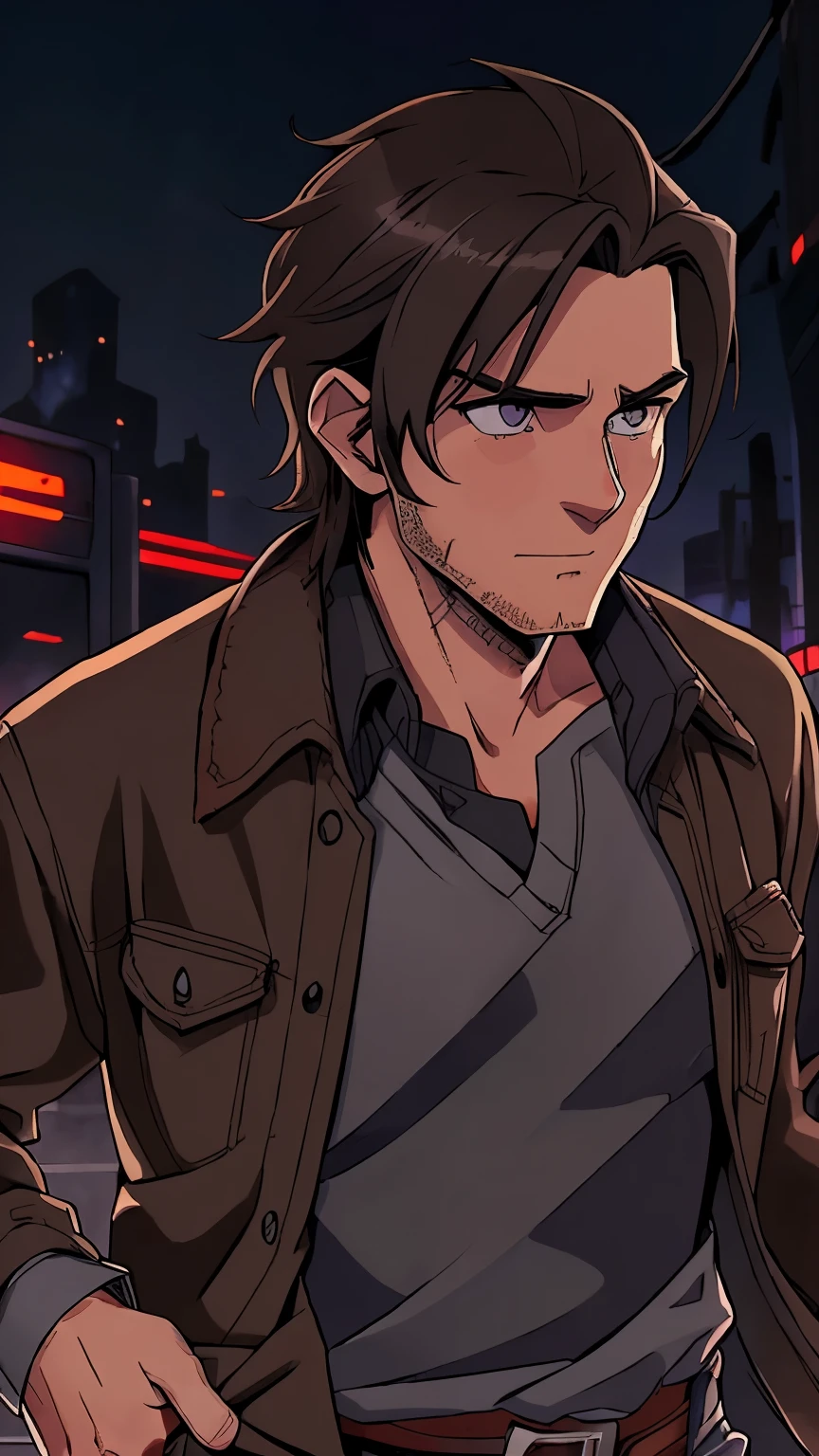 A man, medium long brown hair, scars on his face, purple eyes, red bandana on his neck, grey shirt, casual jacket, black belt, black pants, concept art, concept art, anime, anime, ((a man pushing his 30s:1.3)) ((no beard:1.3))