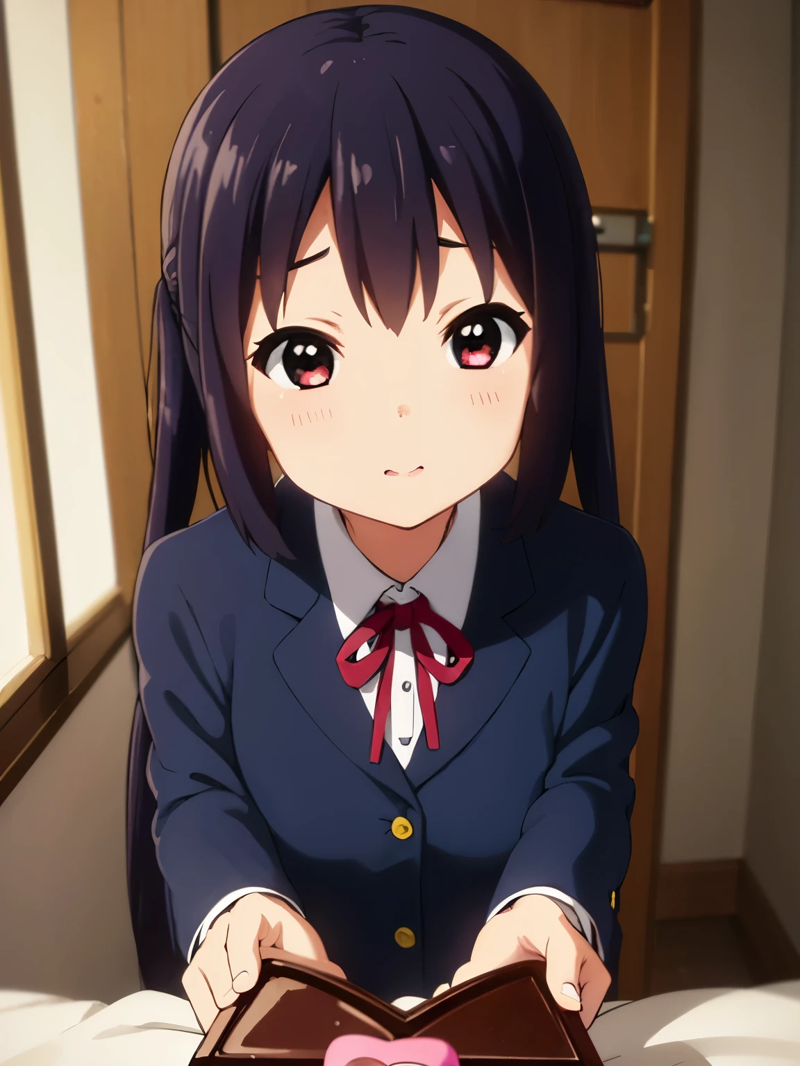 1girl, (((masterpiece))), wallpaper HD, top-quality, top-quality, High Details, nakano azusa, 1girl, Sakuragaoka High School Uniform, student clothes, Twin-tailed, length hair, A dark-haired, brown-eyed, solo, reddish, Dark blue blazer with thin red ribbon, Solid white buttoned shirt under blazer, illustratio, comic strip, soothing tones, Subdued Color, Soft cinematic light, adobe lightroom, photolab, HDR, intricately and hyper-detailed、(((depth of fields))))。(((masterpiece)))。(((top-quality))).)((ultra-detailliert)))。(((illustratio)))。(((takeout))).dynamic focus.big breasts.(((home))).(((A bedroom))).(((Face of happiness))). open smile mouth.(((hand holding a chocolate valentine gift))).(((up chest))).((morning glow)).((the setting sun)).