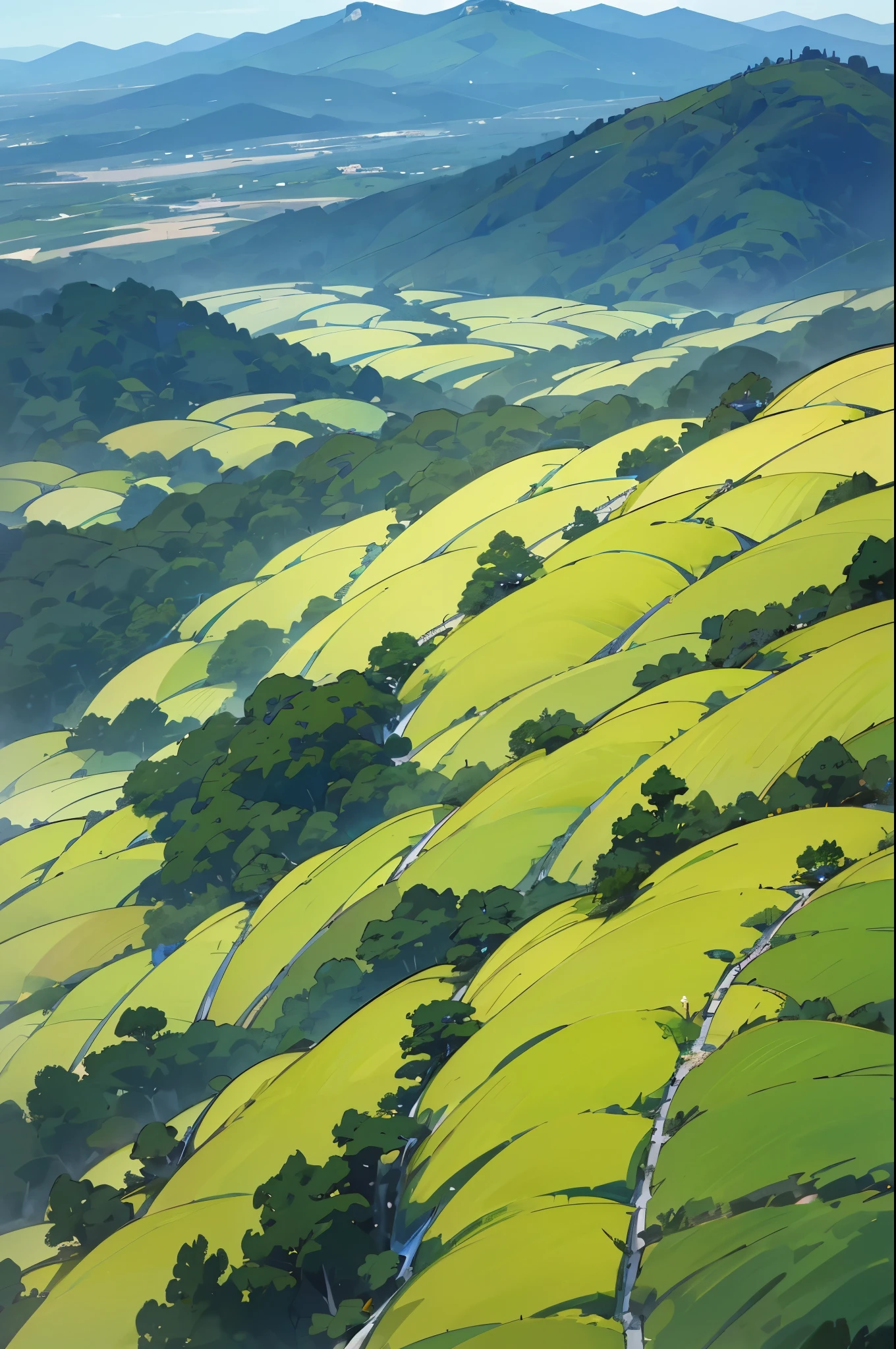 View from above, summer, korea, (The blue mountain ridge spreads out:1.5), complex forest, forest view, animation style, ghibli, Shinkai Makoto