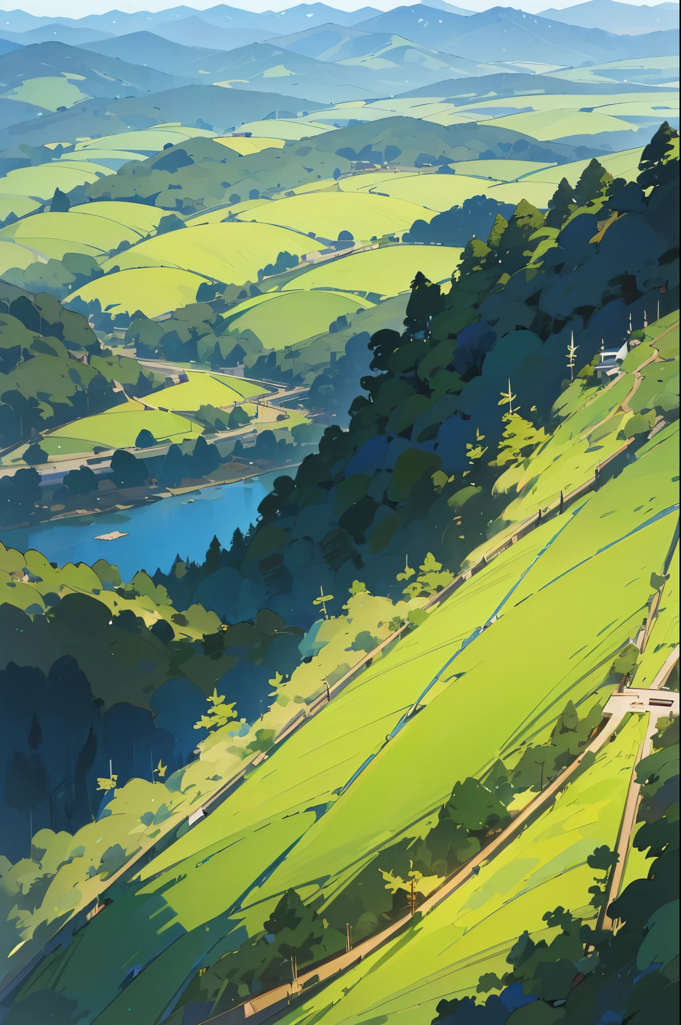 View from above, summer, korea, (The blue mountain ridge spreads out:1.5), complex forest, forest view, animation style, ghibli, Shinkai Makoto