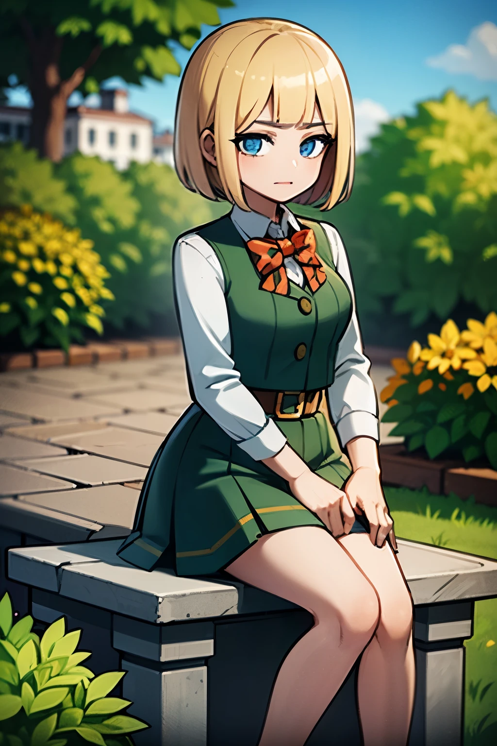 Anime girl sitting on a bench in a park with flowers - SeaArt AI