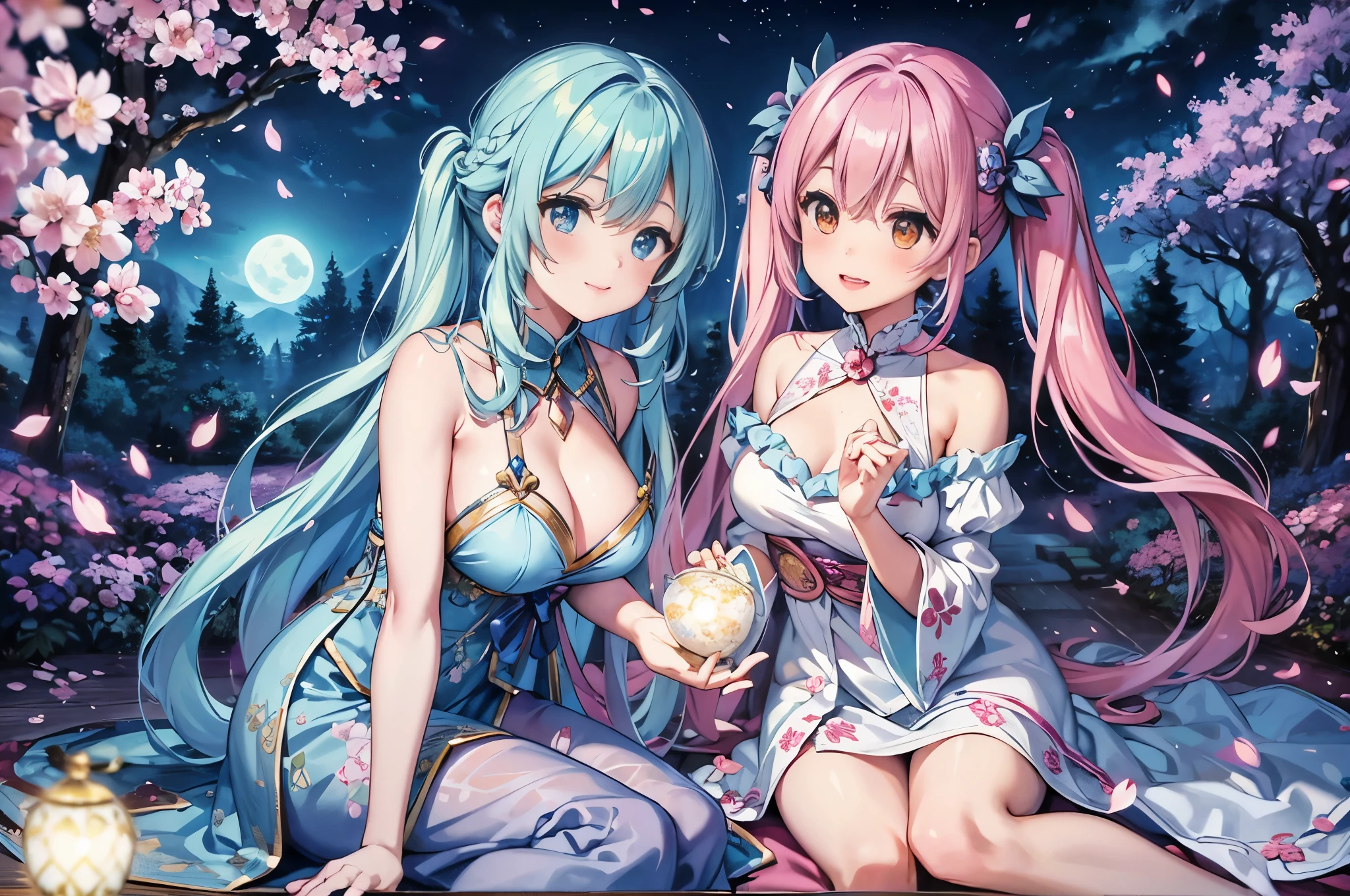dynamic angle、 in the magical forest, A mysterious fairy girl appears, light blue long hair、The hairstyle is twintails、adorable smile、Moonlight twinkle, cherry blossoms bloom、A large pure white owl is watching over the girl.、wood々Flying among the shining fireflies, Many cherry blossoms are blooming、fantastic scenery、A sky full of stars twinkles、 Creating a field where dreams and reality intersect,