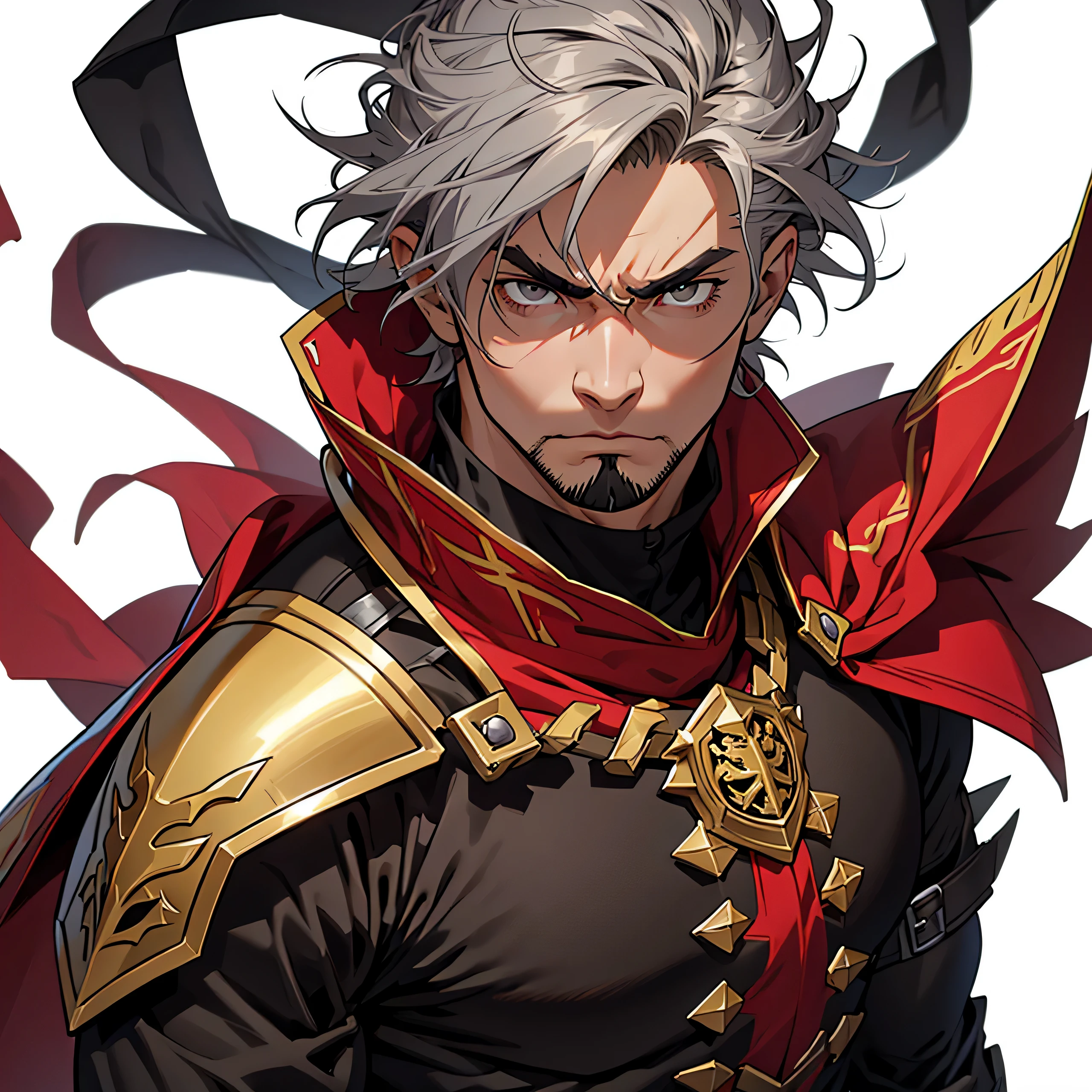 medieval anime art, masterpiece, best quality, by professional artist, male, solo, upper body portrait, detailed composition, detailed eyes, detailed hair, (((white background))), (((no background))), short and spiky dark grey hair, dark black eyes, angry, stubble, lean muscle, wearing red and yellow armor