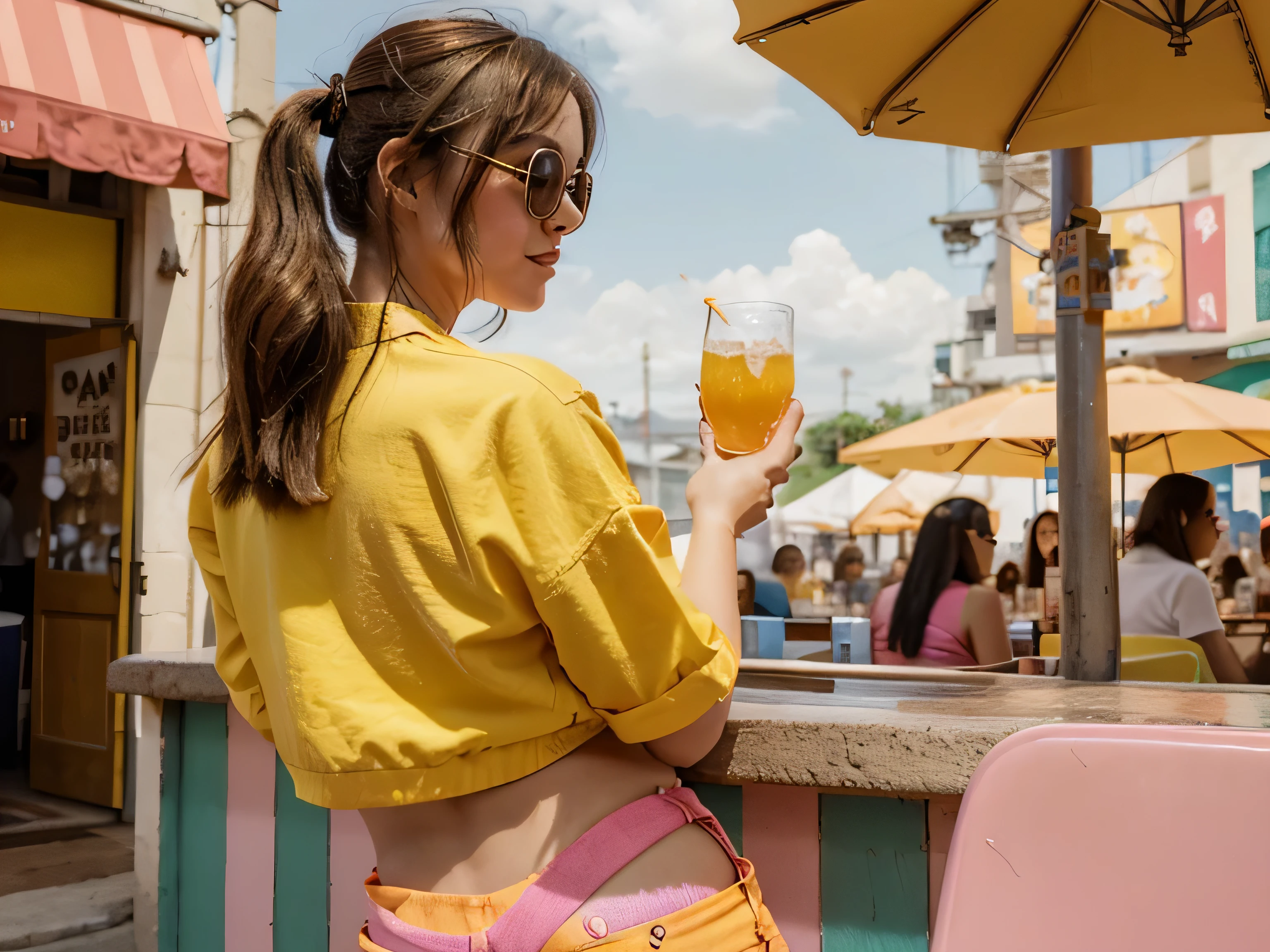 an illustration of a stylish happy girl , back view, 18-25 age with sunglasses holding a glass of orange juicy, in the style of yoh nagao, lively tavern scenes, outdoors and, yellow and pink, drugcore, cult party kei, fragmented advertising, playful use of line. She is in a doggy-style position overlooking the juicy glass, while easily looking at her own buttocks. She is in doggy-style position, gazing out at the glass.