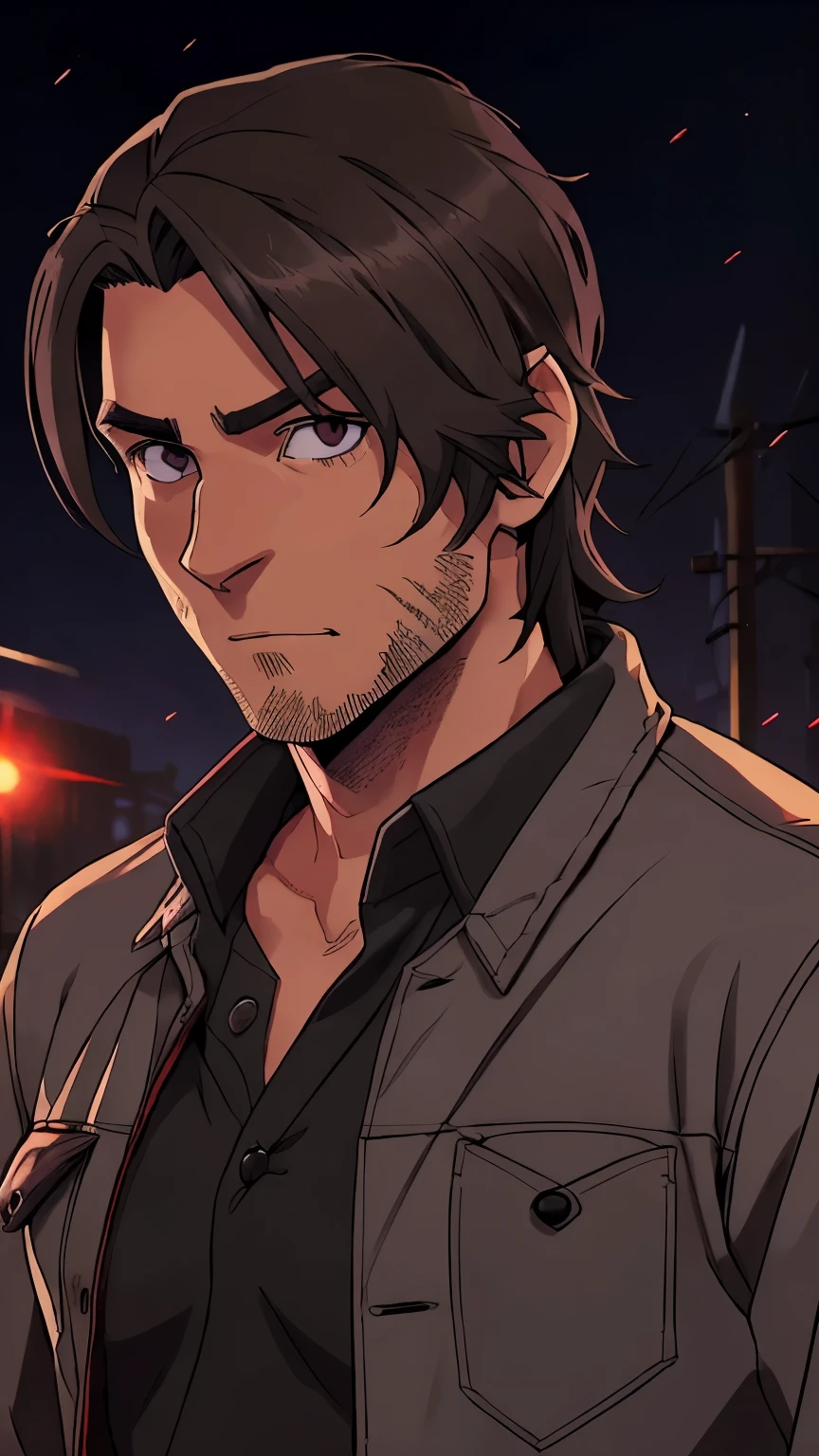 A man, medium long brown hair, scars on his face, purple eyes, red bandana on his neck, grey shirt, casual jacket, black belt, black pants, concept art, concept art, anime, anime, ((a man pushing his 30s:1.3)) ((no beard:1.3))