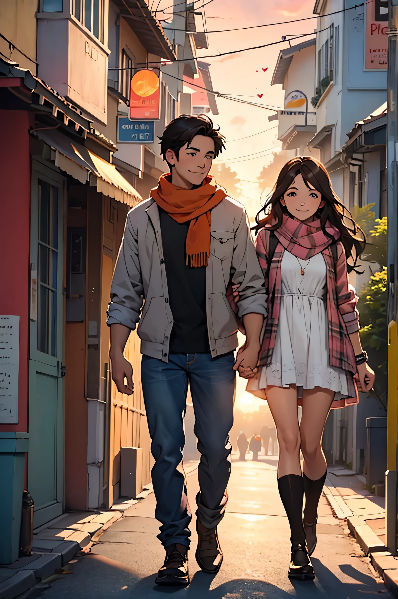 A capa do livro "The Inside of the Heart" apresenta uma cidade de interior ao fundo, com casas pitorescas e uma rua principal arborizada. The sky is tinged with warm shades of orange and pink, indicating a sunset. No centro da imagem, a teenage couple is standing, de frente um para o outro, com um olhar de amor e ternura. They are holding hands and smiling at each other. The man has black hair and is wearing a plaid shirt and jeans., while the woman has wavy brown hair and wears a light dress and a scarf. The title of the book, "The Inside of the Heart", is written in elegant, letras cursivas, standing out against the colorful sky.