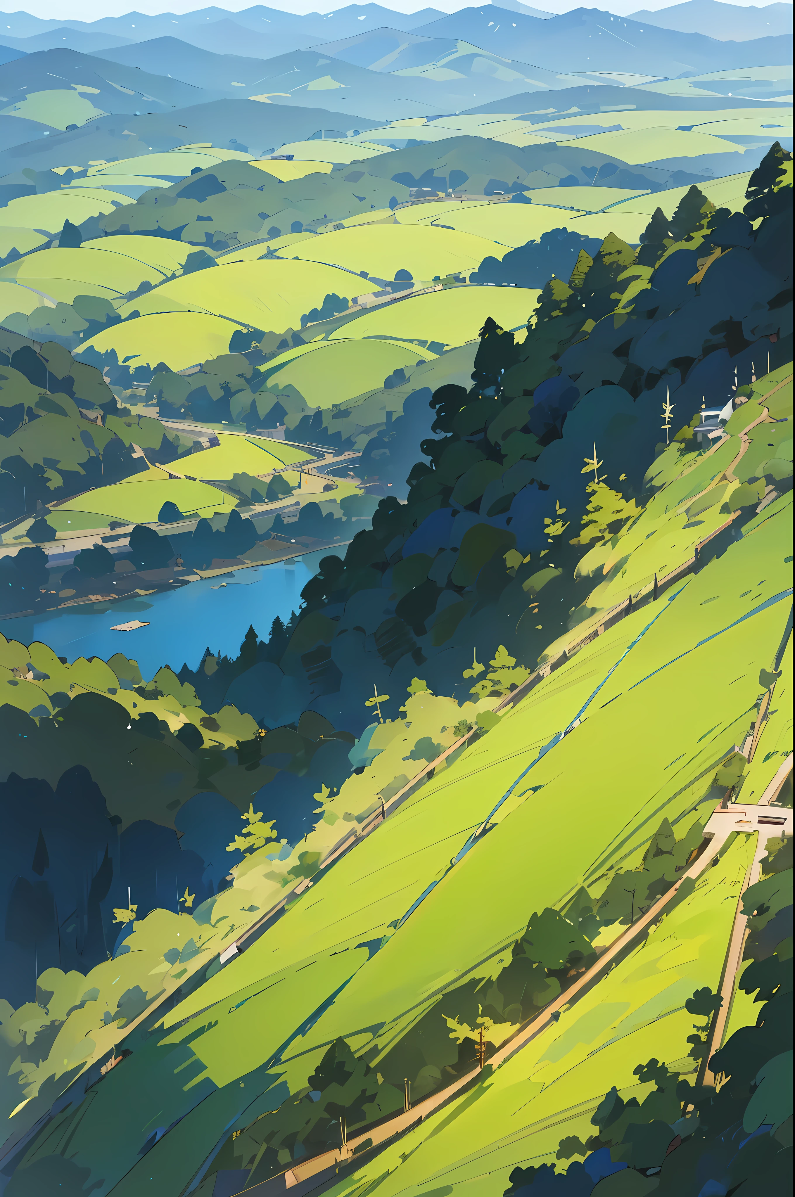 view from above, summer, korea, (A blue mountain ridge unfolds:1.5), complex forest, forest view, animation style, ghibli, Makoto Shinkai