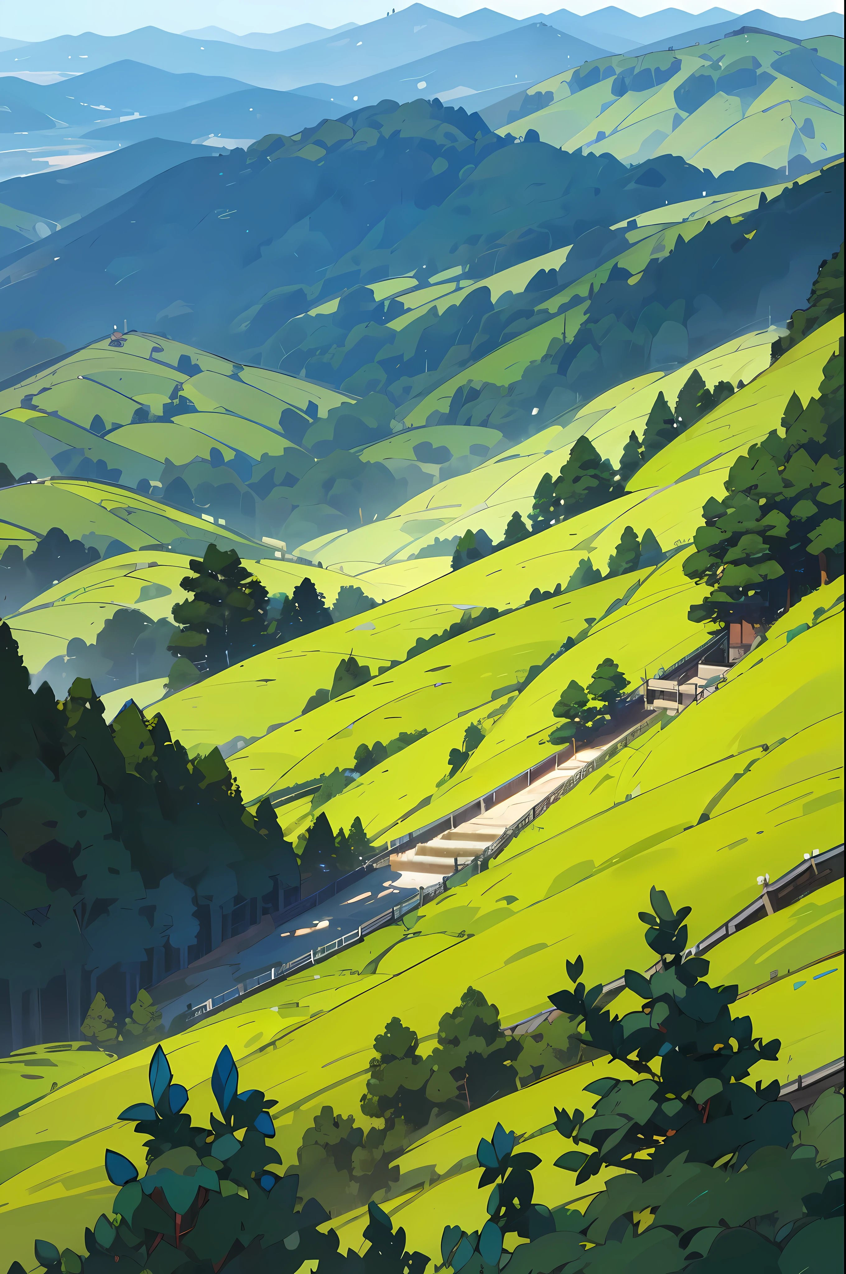 view from above, summer, korea, (A blue mountain ridge unfolds:1.5), complex forest, forest view, animation style, ghibli, Makoto Shinkai