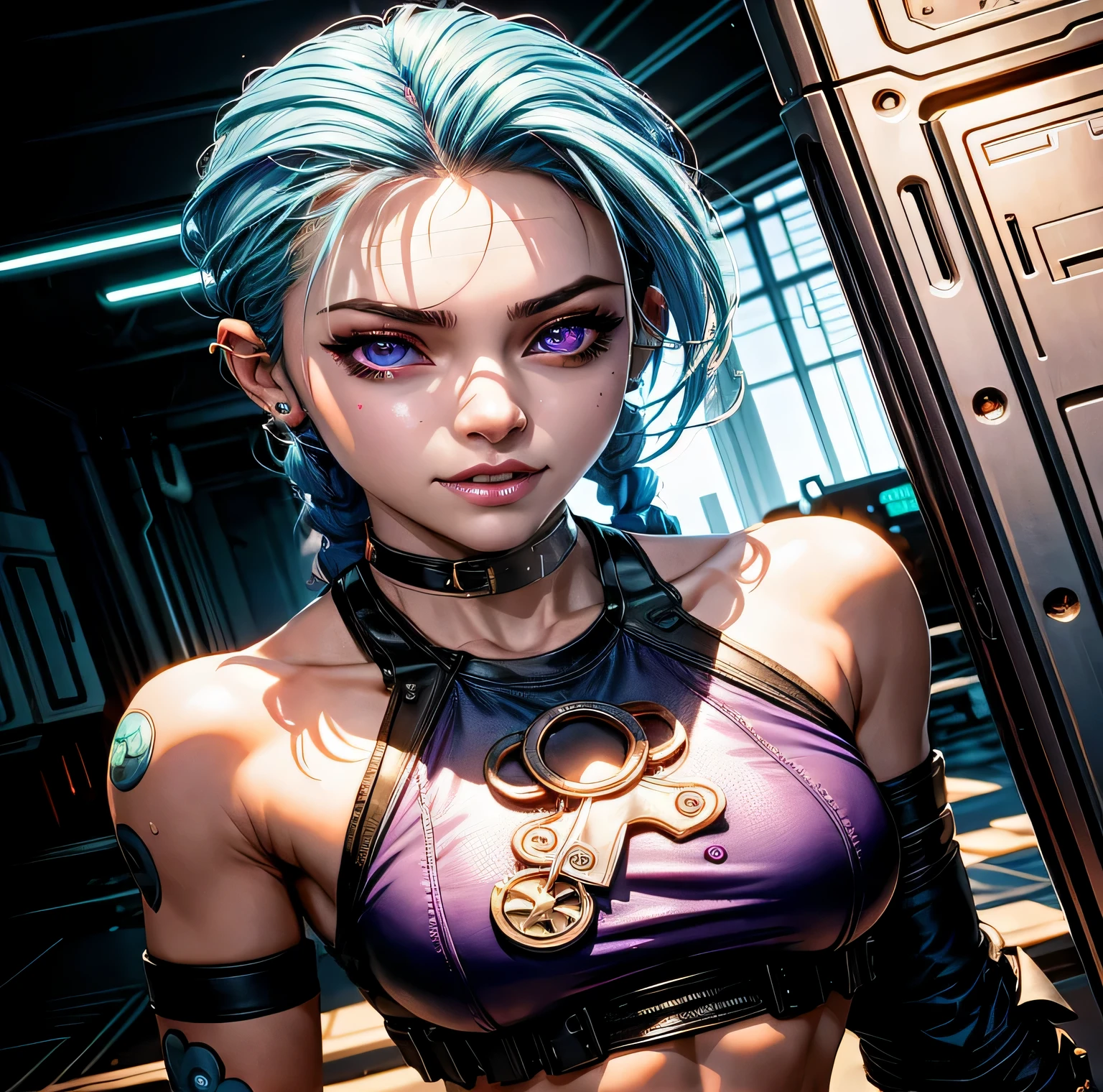 there is a woman with blue hair and a purple top, portrait of evil eye from arcane magic, Hyper realistic cyberpunk style, type of microbe julie bell beeple, Highly detailed 4k digital art, evil eye from arcane magic, type of microbe ; Нереальный 3D-движок, super detailed game art, Dreamy girl in cyberpunk style, digital anime art in cyberpunk style, Epic digital art illustration