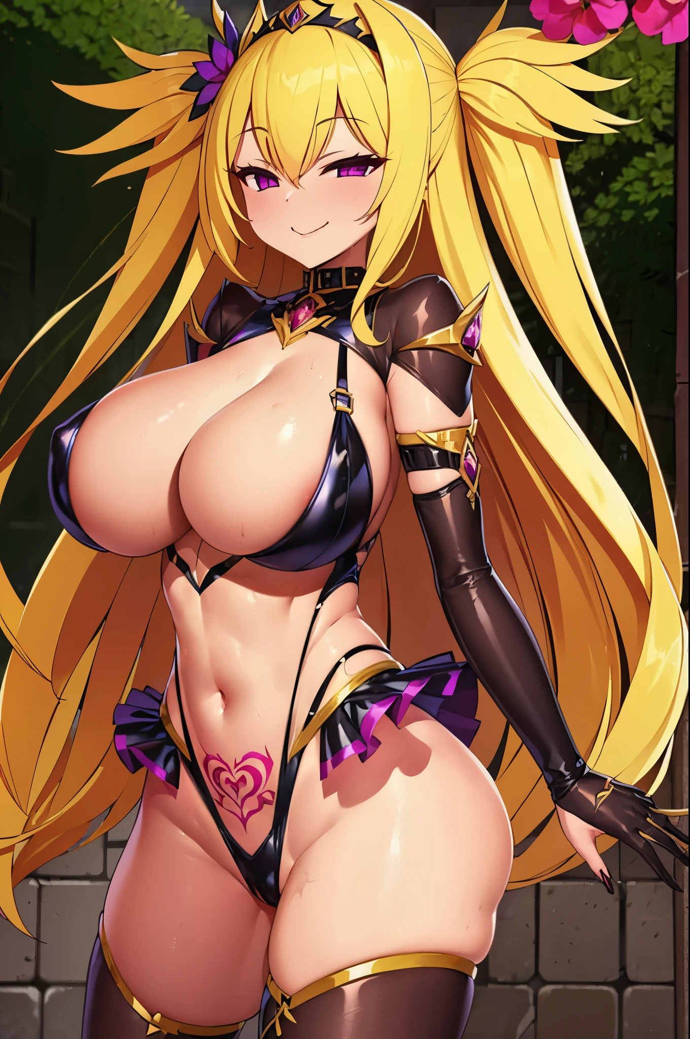 Best quality, 8k, 1 girl, succubus, wings, solo, , silver hair, long wavy hair, purple eyes, hair between eyes, crop_top, jacket, mini skirt, black legwear, sassy , light smile, smirk, tiara headwear, womb tattoo, mature woman, huge breasts, bodystocking, navel clothing cutout, black veil, transparent veil, gorgeous lady