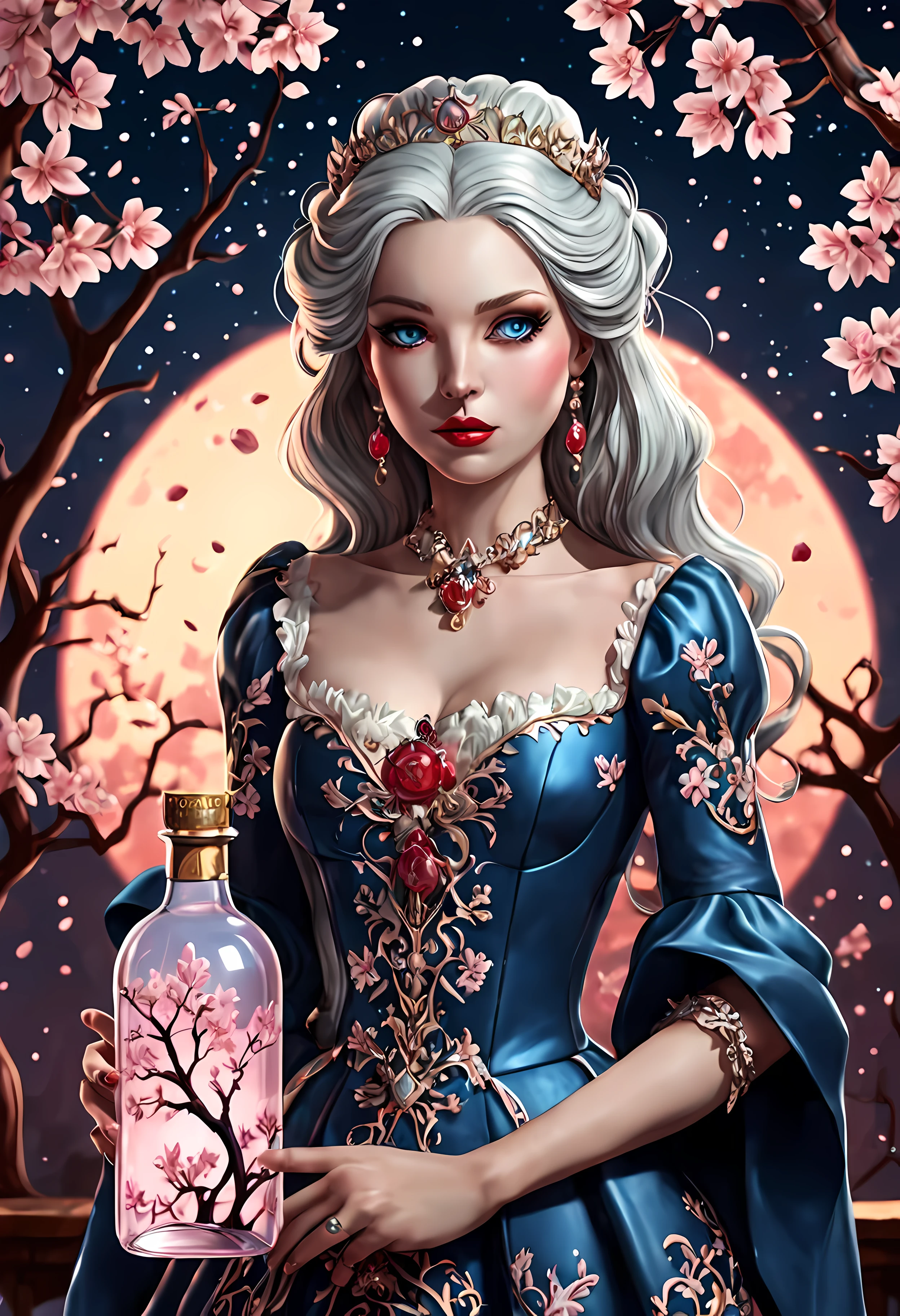 anime Vampire Princess, long white hair, gothic style, roses in hair, dark black eyelashes, white glow irises, light blue dress, digital illustration, comic style, gothic renaissance, perfect , centered, approaching perfection, dynamic, highly detailed, (under a cherry blossom tree), artstation, concept art, smooth, sharp focus, illustration, art by wlop and ross tran ,glitter