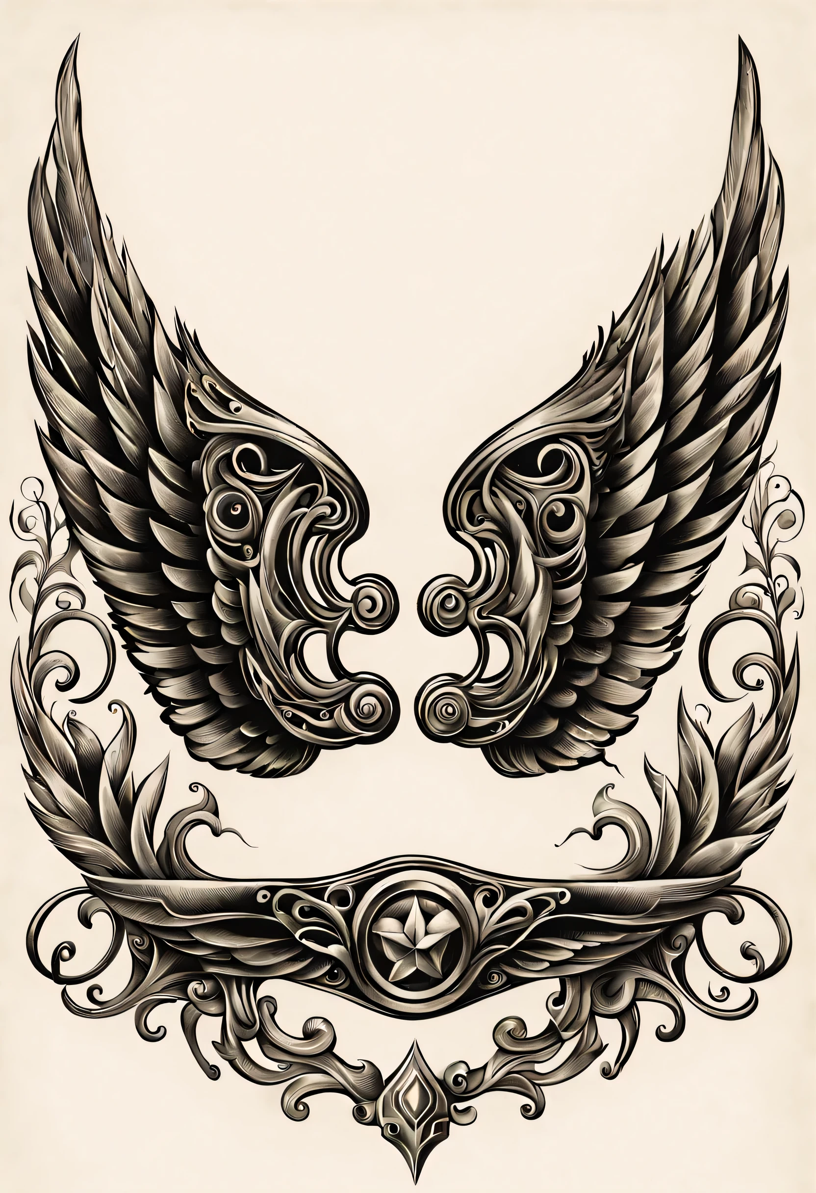 chrome rocker wings,Vintage-Illustration,tattoo,aufwendige Details