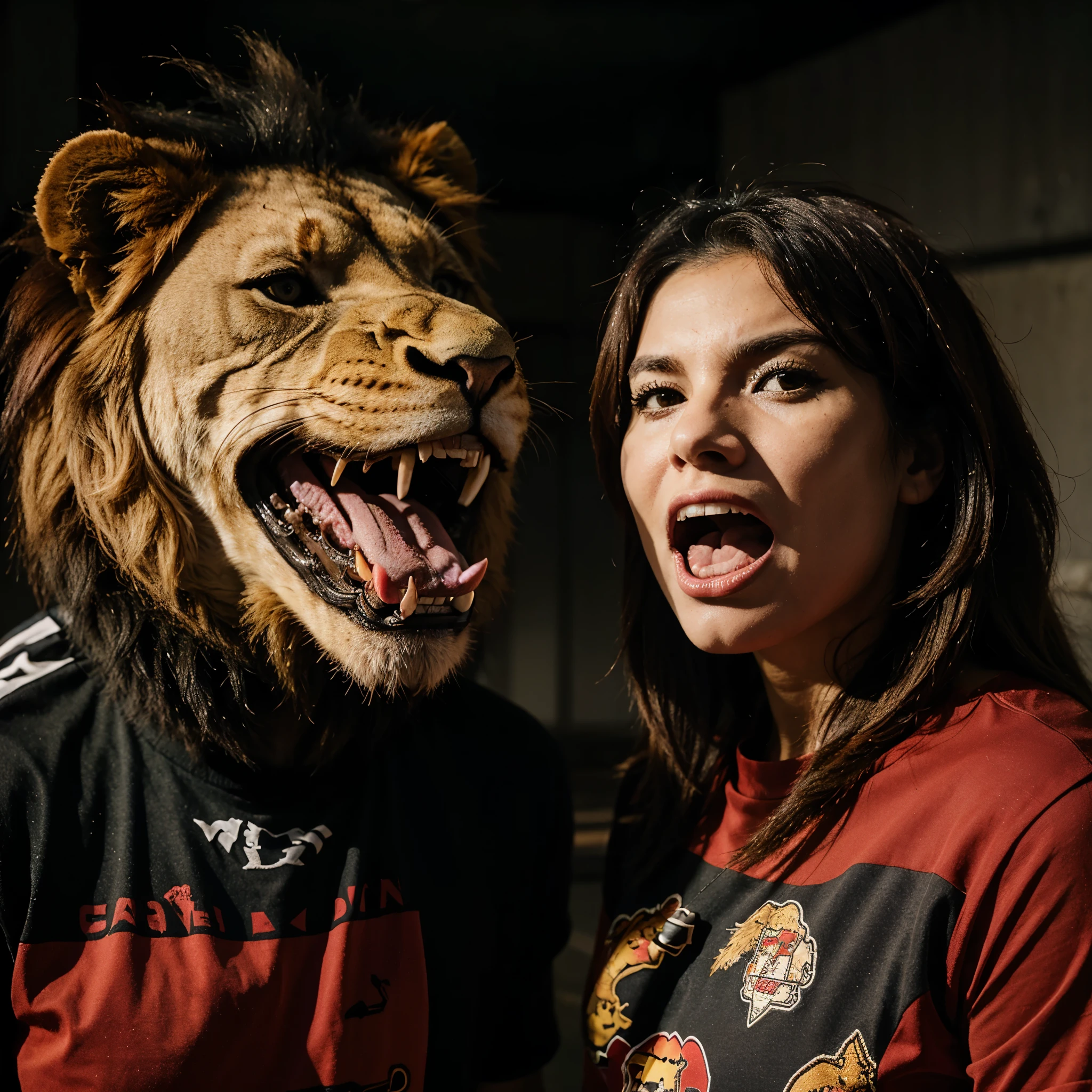 an angry lion wearing a red and black shirt with a caracara in its mouth