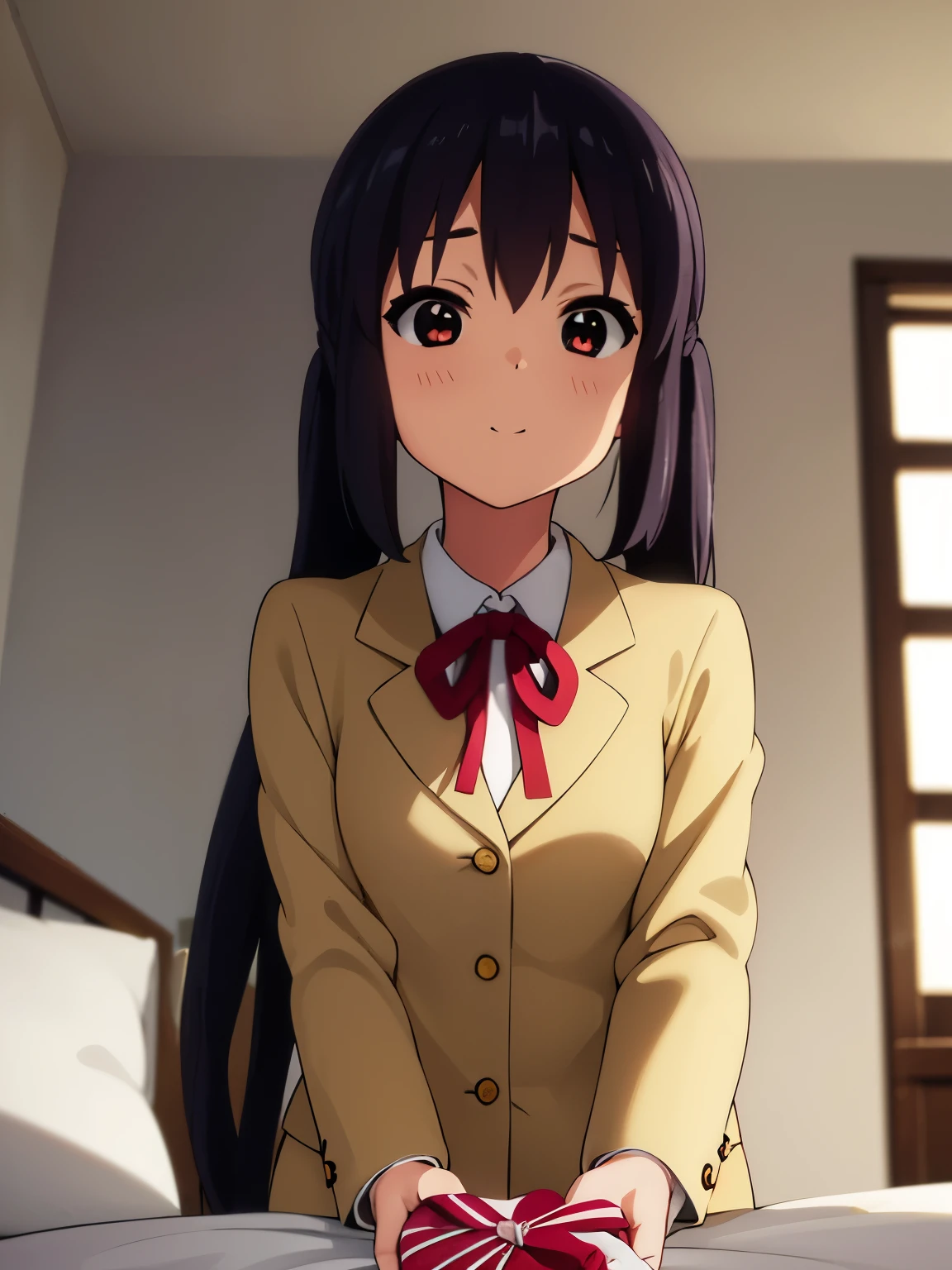 1girl, (((masterpiece))), wallpaper HD, top-quality, top-quality, High Details, nakano azusa, 1girl, Sakuragaoka High School Uniform, student clothes, Twin-tailed, length hair, A dark-haired, brown-eyed, solo, reddish, Dark blue blazer with thin red ribbon, Solid white buttoned shirt under blazer, illustratio, comic strip, soothing tones, Subdued Color, Soft cinematic light, adobe lightroom, photolab, HDR, intricately and hyper-detailed、(((depth of fields))))。(((masterpiece)))。(((top-quality))).)((ultra-detailliert)))。(((illustratio)))。(((takeout))).dynamic focus.big breasts.(((home))).(((A bedroom))).(((Face of happiness))). open smile mouth.(((hand holding a chocolate valentine gift))).(((up chest))).((morning glow)).((the setting sun)).