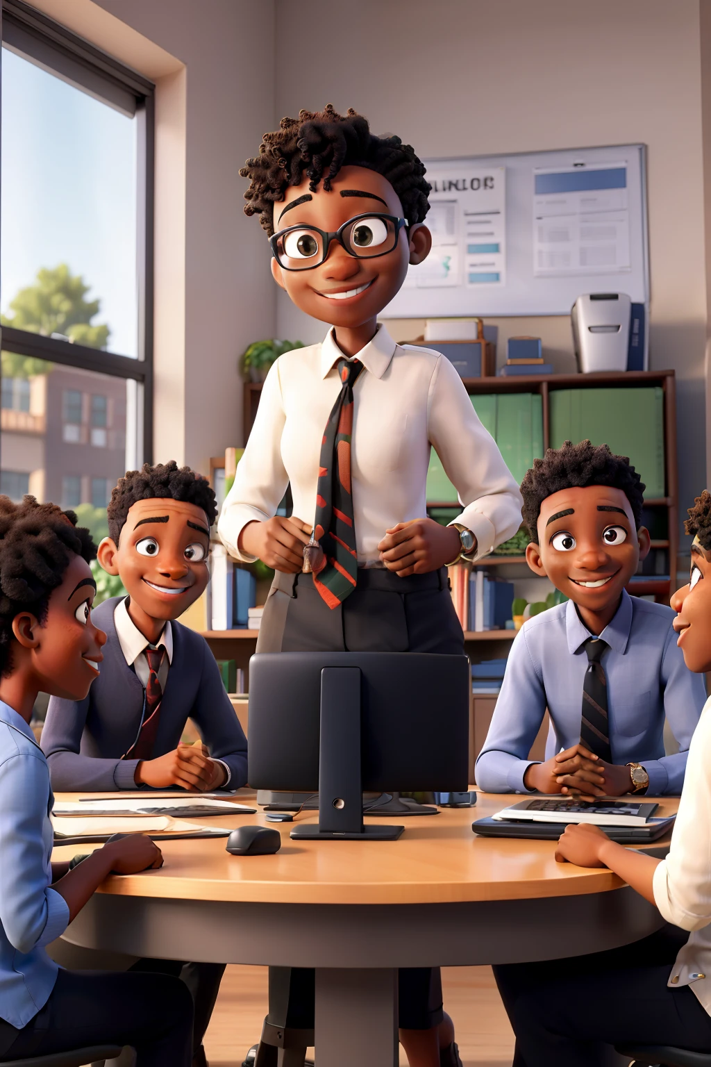 4 black African school leaders discussing around a table, computer on the table, smiling faces