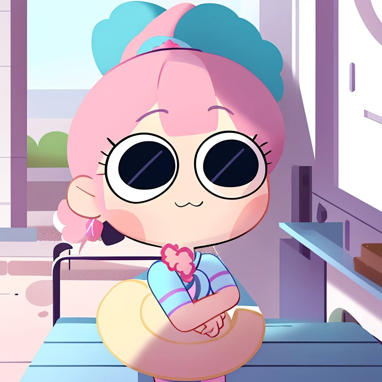 make a girl named Bloom,pink pastel ponytail hair,round hed,chibi,adorable,blue shirt