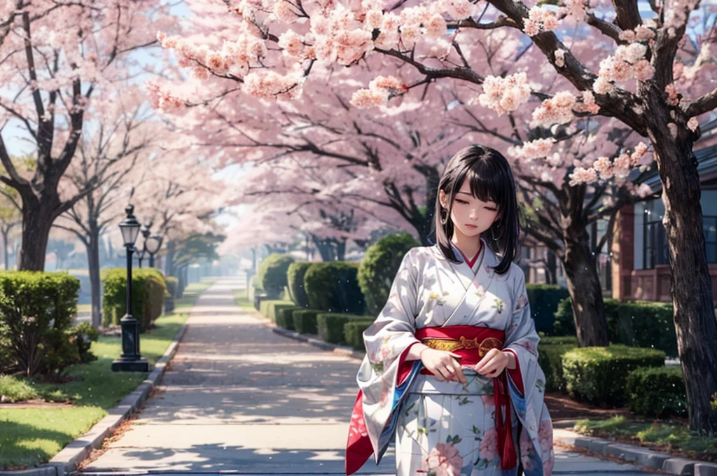 (Masterpiece), (best quality), 1female standing, praying besides sakura tree, crowded sakura leaves ,sakura maiden, (ground is covered by sakura leaves:1.5), more of sakura leaves, (sakura leaves:1.3), gold color wavy long hair, ((face away)), pov-from beside, wearing kimono, white theme, PIXIV, krenz Cushart, white grass, 