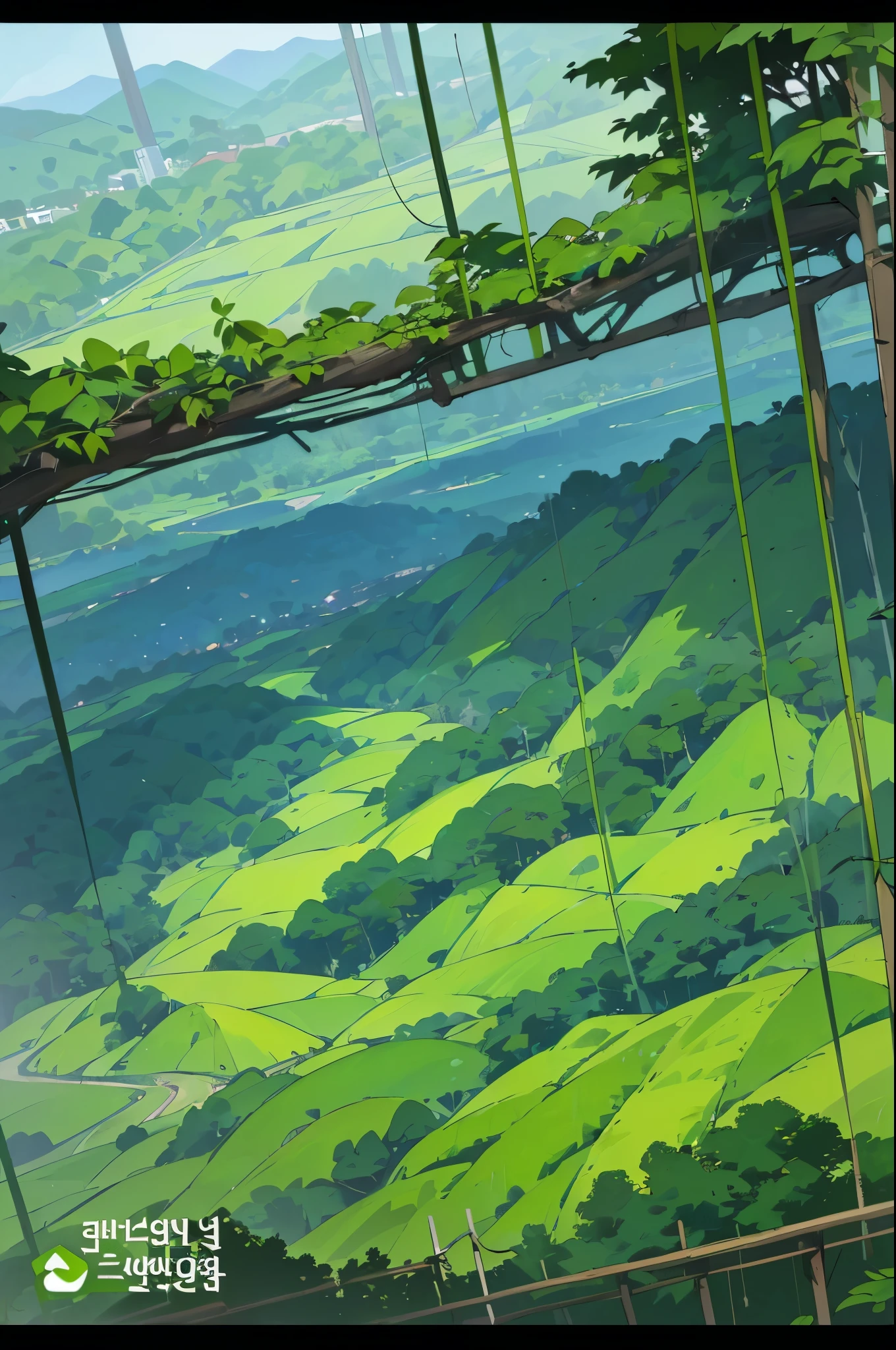 View from above, summer, korea, jungle, (The blue mountain ridge spreads out:1.5),(A green forest spreads across the screen.:1.5) dense forest, forest view, animation style, ghibli, Shinkai Makoto