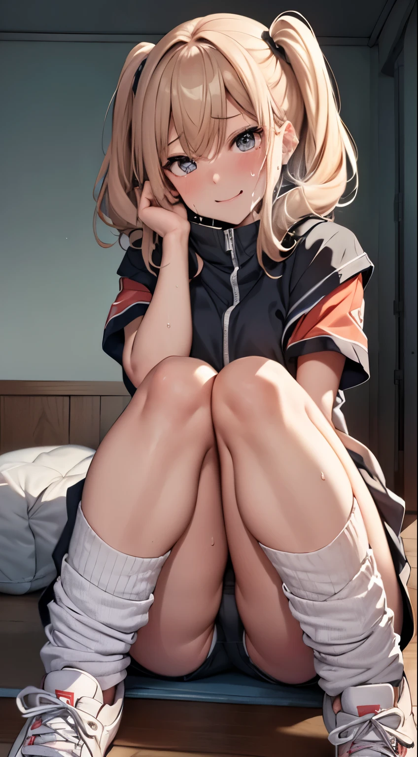 8K、4K,、high-level image quality、top-quality、supreme１People Girls,hightquality,A detailed face、A detailed eye、Detailed nose、Detailed mouth、 Beautiful expression, ((masuter piece)), ((High resolution)), ((Best Quality)), detail, (Excited face.Very happy,), ((Sweating、Lustrous skin)), (Sportsbra:1.2、sport shorts:1.3 loose socks:1.2 sneakers:1.2)、 girl with, a blond, (Half Twin Tail)、(((Sit up:1.3、Legs wide open:1.5)))、fair white skin:1.3、、Smaller chest, cinmatic lighting, perfectly shaded,(((girl's own room))), Realistic lighting with shades,Reflecting the whole body