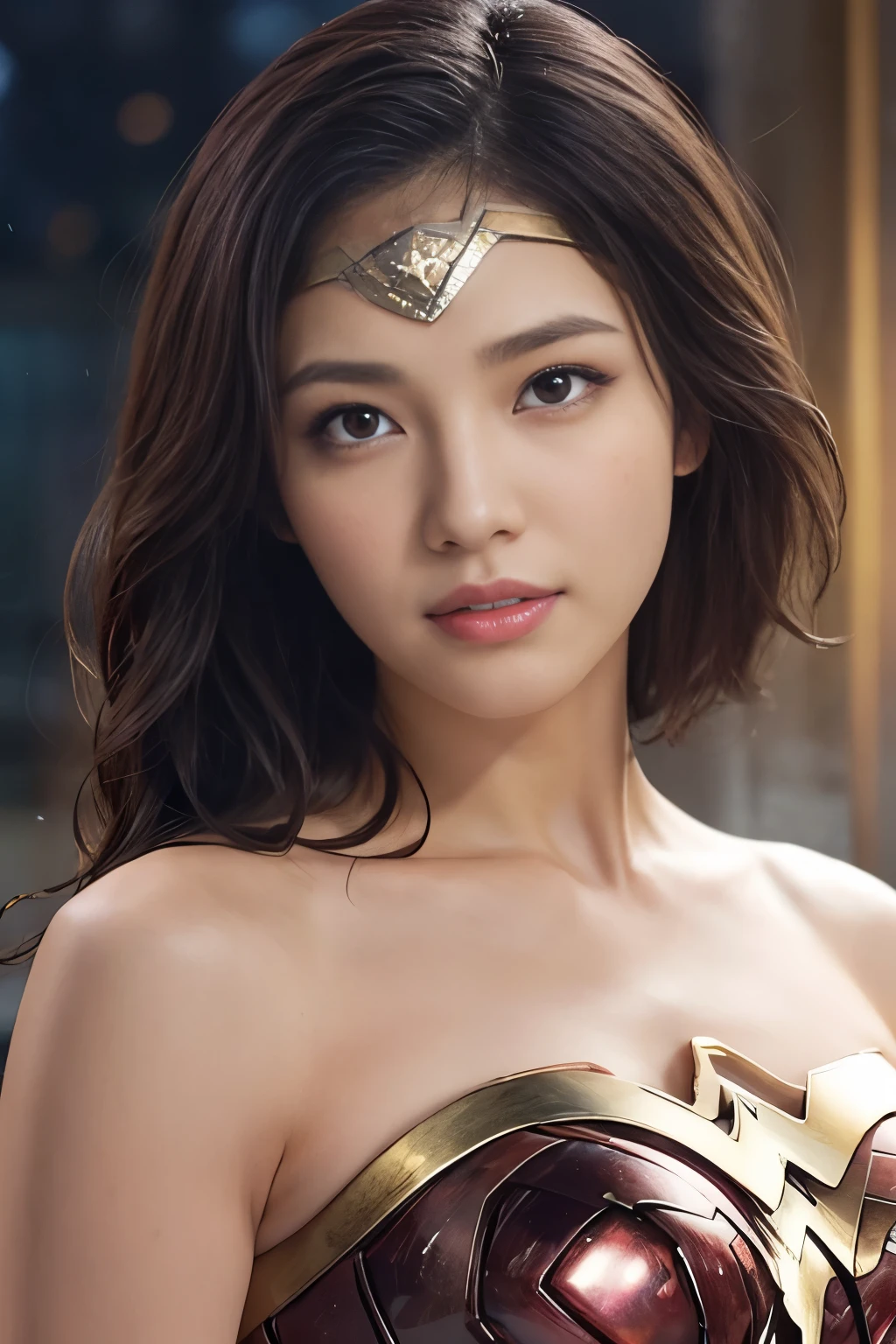 It's raining heavily,heavy rain,water dripping、wet wonder woman、drenched wonder woman,wet hair,masterpiece、1 beautiful girl、fine eyes、puffy eyes、highest quality, 超High resolution, (reality: 1.4), movie lighting、Japanese、asian beauty、Korean、super beautiful、beautiful skin、body facing forward、close up of face、(超reality的な)、(High resolution)、(8k)、(very detailed)、(美しくfine eyes)、(Super detailed)、 (wall-)、detailed face、bright lighting、professional lighting、looking at the viewer、look straight ahead、slanted bangs、brown hair、Nogizaka Idol、korean idol、fiery idol pose、、25 years old、wonder woman cosplay,wonder woman tiara
