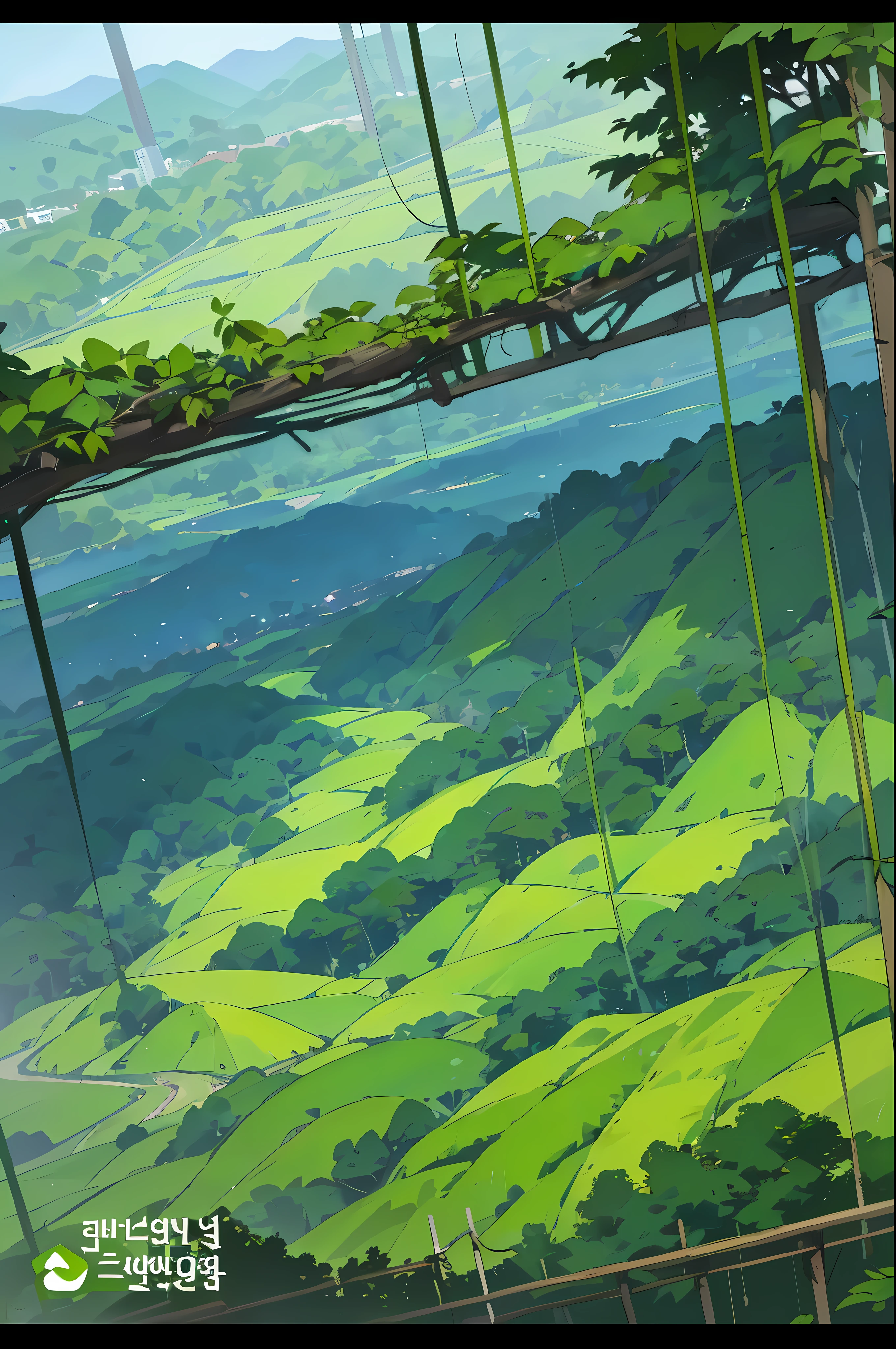 view from above, summer, korea, jungle, (A blue mountain ridge unfolds:1.5),(A green forest spreads across the screen..:1.5) dense forest, forest view, animation style, ghibli, Makoto Shinkai