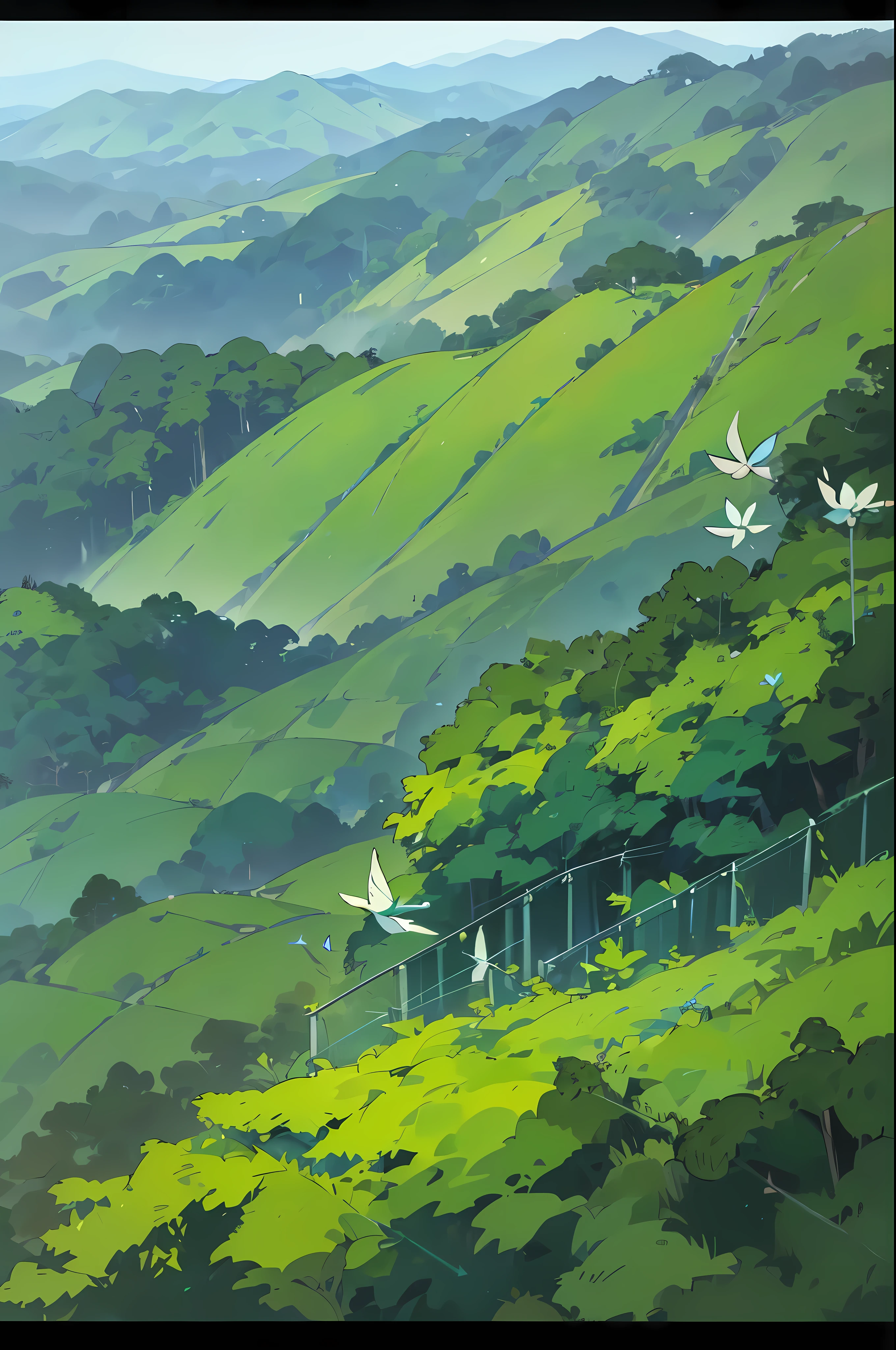 view from above, summer, korea, jungle, (A blue mountain ridge unfolds:1.5),(A green forest spreads across the screen..:1.5) dense forest, forest view, animation style, ghibli, Makoto Shinkai