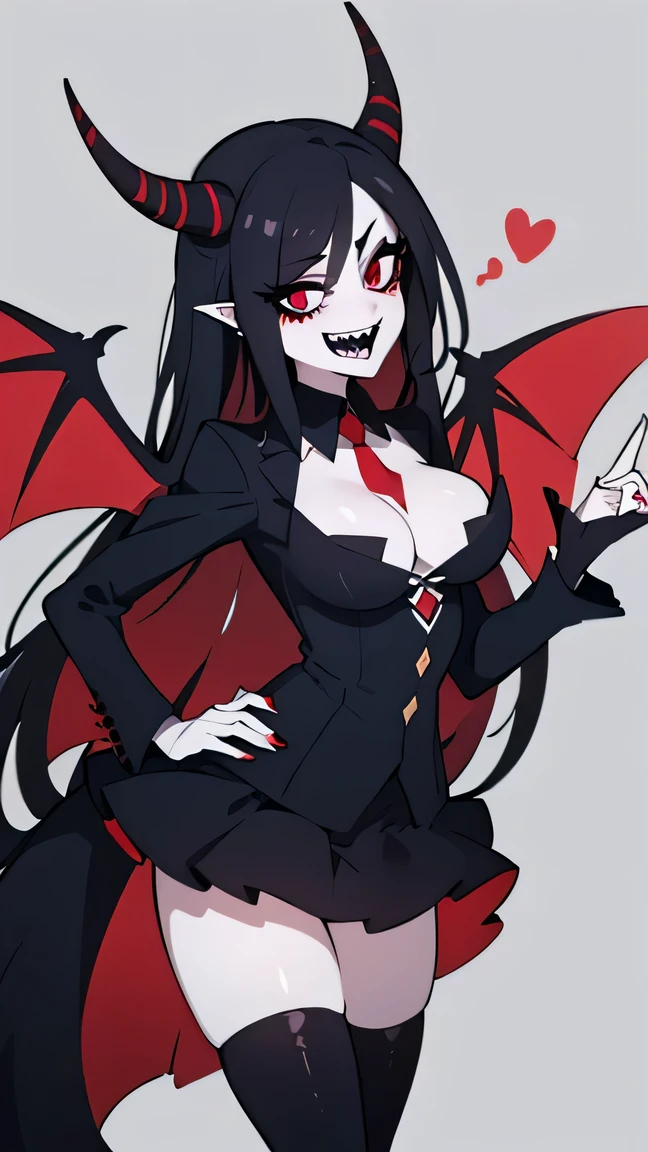 punk rock demon woman with long black hair, sharp teeth, glowing red eyes, bat wings on back, ram horns, hazbin hotel