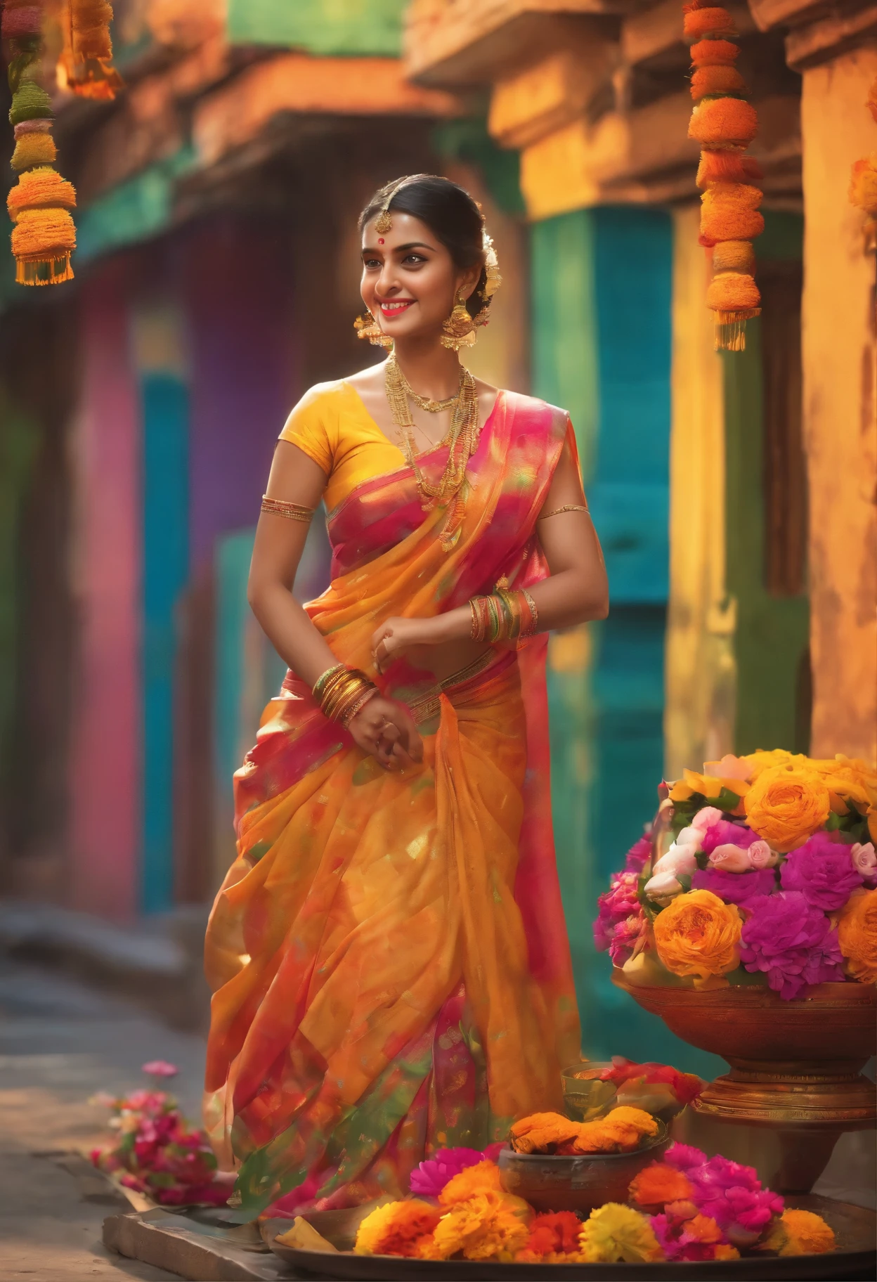 Visualize a charming Bengali girl adorned in the traditional attire of a vibrant saree, gracefully draped over her slender frame. Her attire is embellished with intricate designs and vibrant hues, reflecting the rich cultural heritage of Bengal. With each step, the soft rustle of her saree adds to the elegance of her movement.

In her delicate hands, she carries a beautifully decorated tray adorned with fragrant flowers, symbolizing purity and devotion. Marigolds, roses, and jasmine blooms intertwine in a colorful display, their sweet scent wafting through the air as she makes her way to the puja ceremony.

Her demeanor exudes grace and poise as she walks with purpose, her eyes alight with anticipation for the sacred rituals ahead. Along the way, she exchanges warm greetings with neighbors and friends, their faces aglow with excitement for the auspicious occasion.

In the background, the sounds of traditional Bengali music and chants fill the air, creating a festive atmosphere that permeates the streets. The sun casts a warm glow over the scene, illuminating the vibrant colors of Kolkata's bustling streets and adding to the sense of joy and celebration.

With each step, the Bengali girl embodies the timeless traditions and deep spirituality of her culture, her presence a radiant symbol of reverence and devotion as she prepares to offer her prayers to the divine.