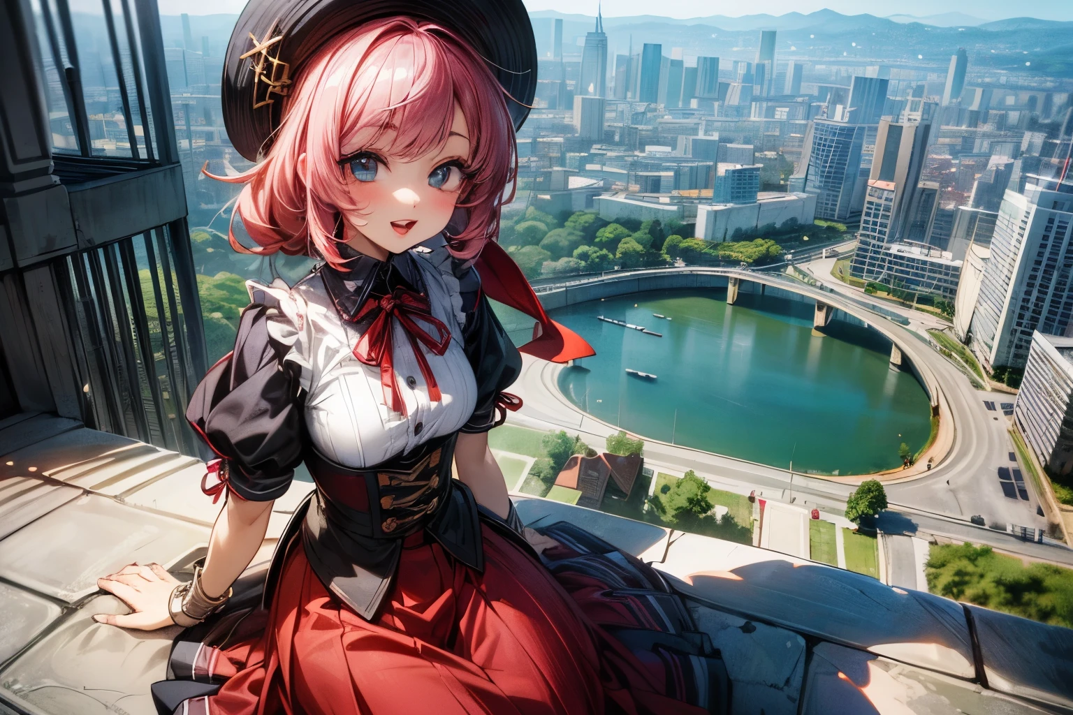 ((Masterpiece)), (Anime:1.5), ((best quality)), (Professional Photography:1.3), (High Definition), (RAW photo:1.2), (12 years old), cute girl, Ritual Dress, open mouth, smile, ruined Ancient cities, cute eyes, long eyelashes, Glossy skin, (makeup red lipstick), looking down on the ground from bad scaffolding on top of 2000m skyscraper,