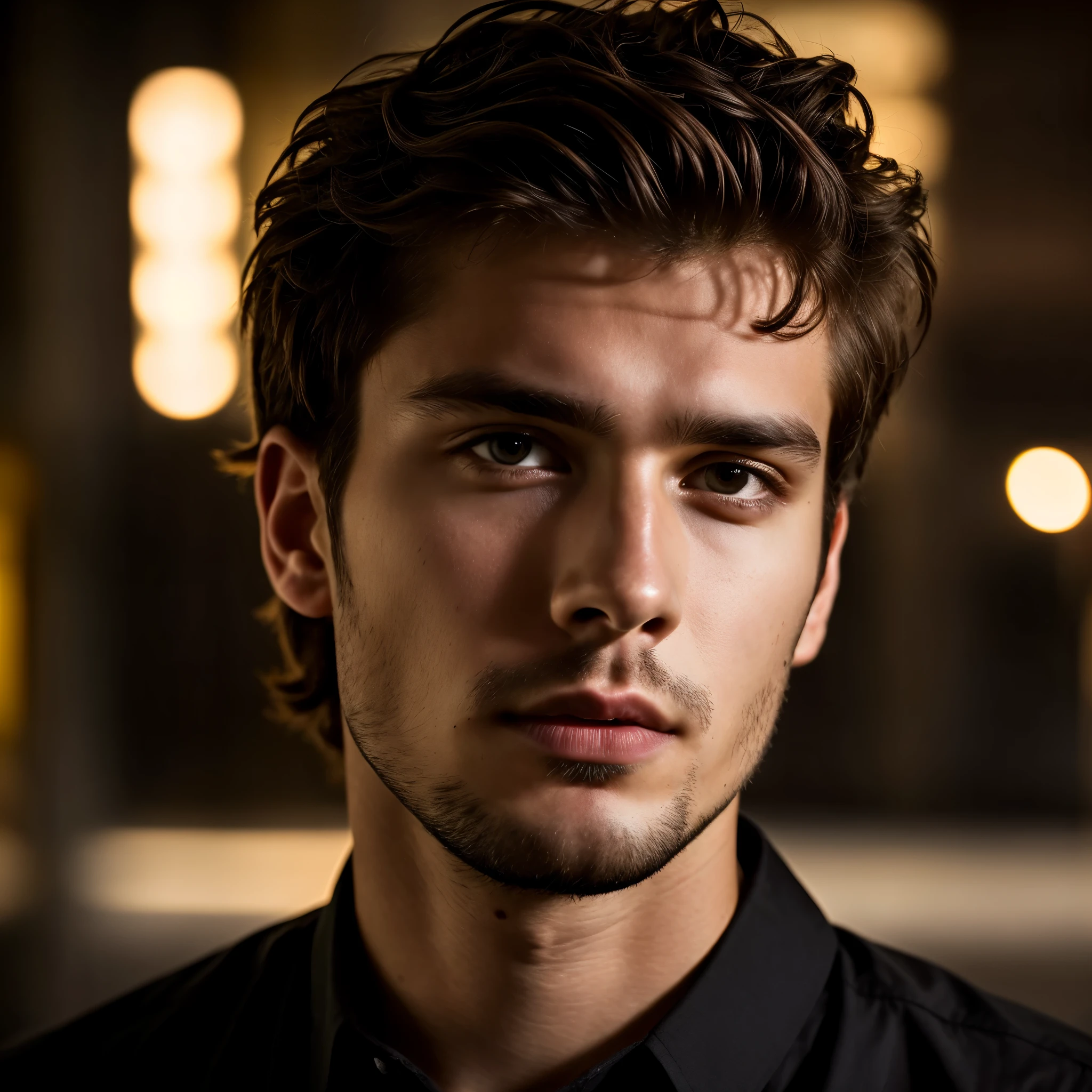 25 year old man with seductive look, short wavy brown hair, black shirt, cinematic lighting, close up, super detail, textured skin, high details, high quality, 16k