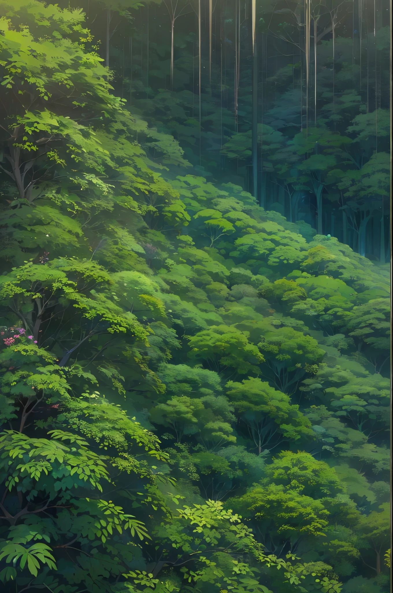 View from above, summer, korea, jungle, (The blue mountain ridge spreads out:1.5),(jungle 숲이 펼쳐져있다:1.5) dense forest, forest view, animation style, ghibli, Shinkai Makoto