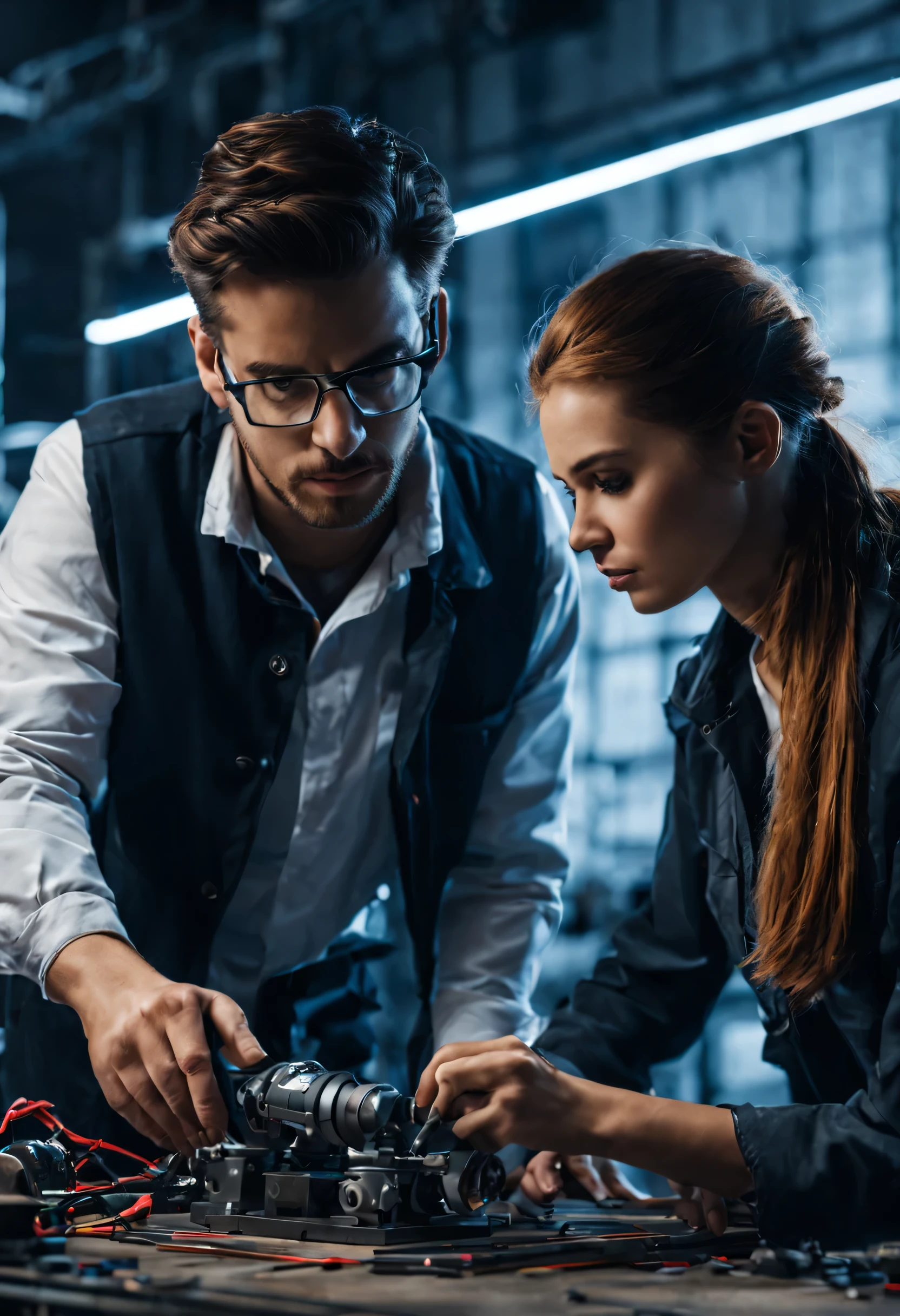 guy and girl working on a project, industry, production, opening, scientific work, High detail, cinematic light