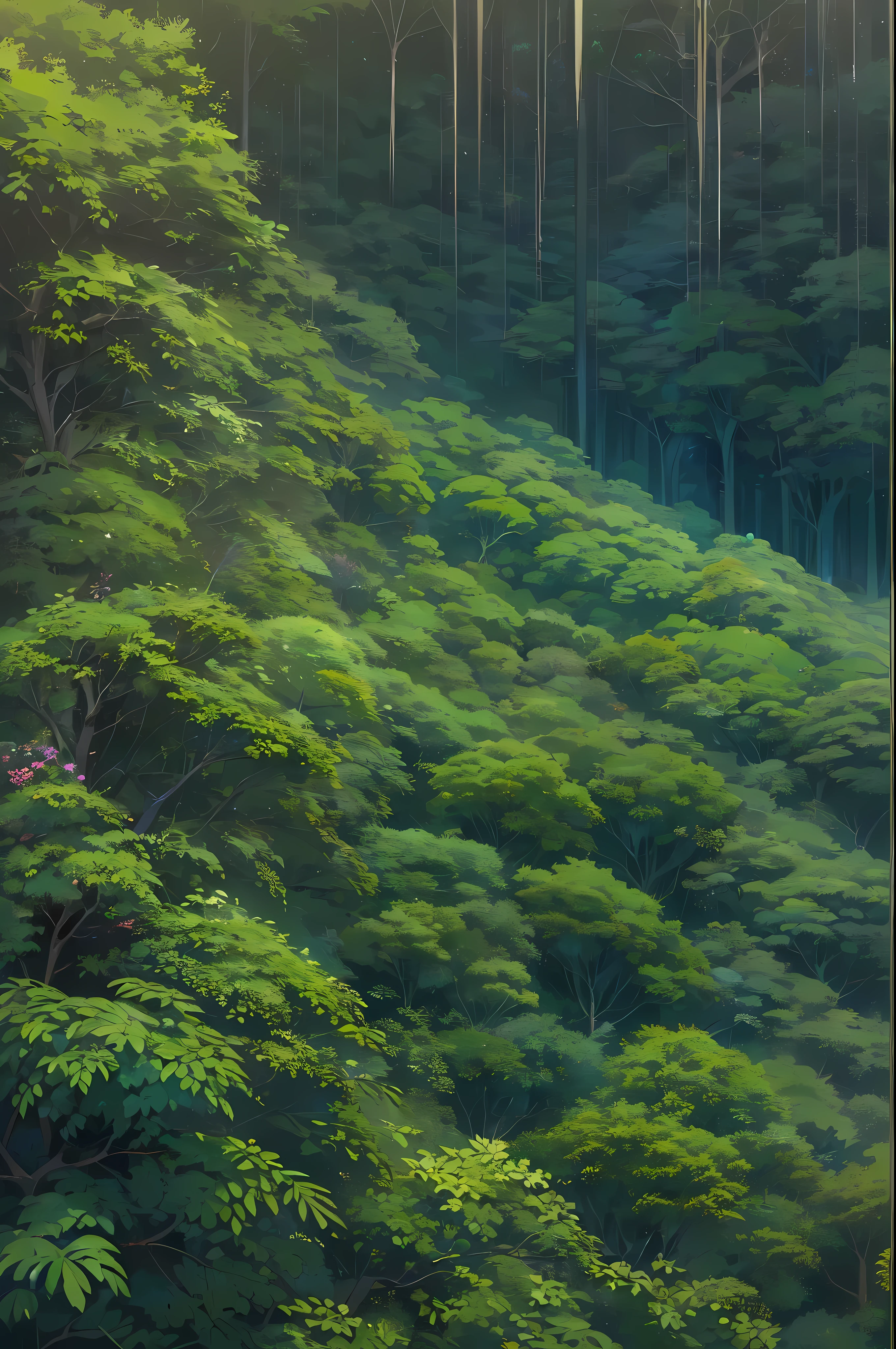 view from above, summer, korea, jungle, (A blue mountain ridge unfolds:1.5),(jungle 숲이 펼쳐져있다:1.5) dense forest, forest view, animation style, ghibli, Makoto Shinkai