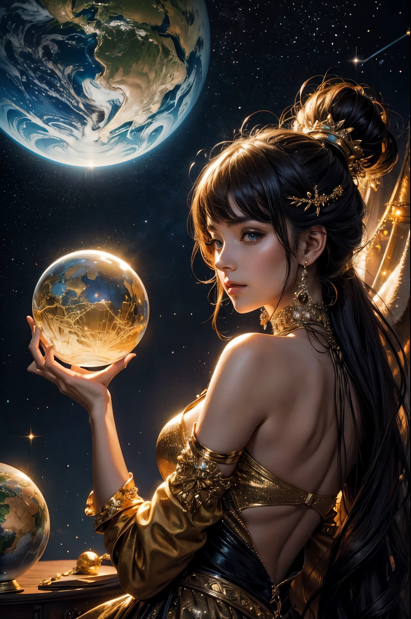 Highly detailed illustration of a world hidden inside a crystal ball, continents on the surface, atmosphere, galaxies in the background, whimsical lighting, enchanted ambiance, soft textures, artwork, ethereal glow, back -vibrant plane, rule of thirds, high quality, high details, backlight
