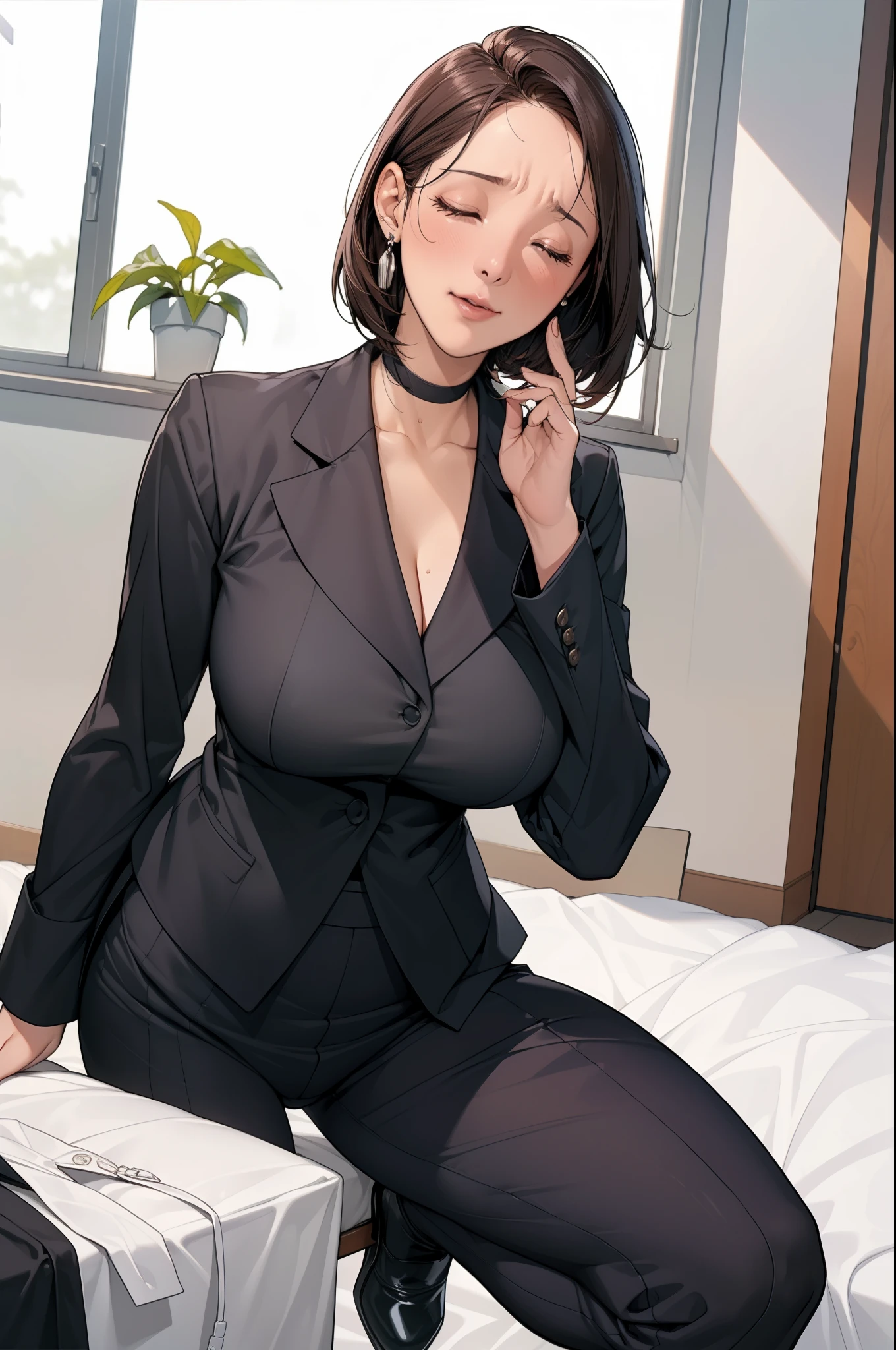 (At SFW), 女性 in office room, white wall, gray table, plant, window, Masterpiece of sexy pose))), ((highest quality)), ((Complex)), ((surreal)), stupid reply, mature woman, mature woman, perspective, very detailed, shape, 1 girl, ((big breasts)), perfect hands, finger details, fine and beautiful eyes, short hair, brown eyes, chief executive officer（chief executive officer（CEO, (business suit:1.2), open office shirt, Tight Skirt, black choker, earrings, stockings, detailed background, Bedroom, perfect eyes, enchanting eyes, looking at the viewer, open your legs, put your hand inside your pants, masturbate ((woman&#39;s expression, Closed eyes and panting face, A face that makes a sad sound, ecstatic face, Face on the verge of climax)), from below