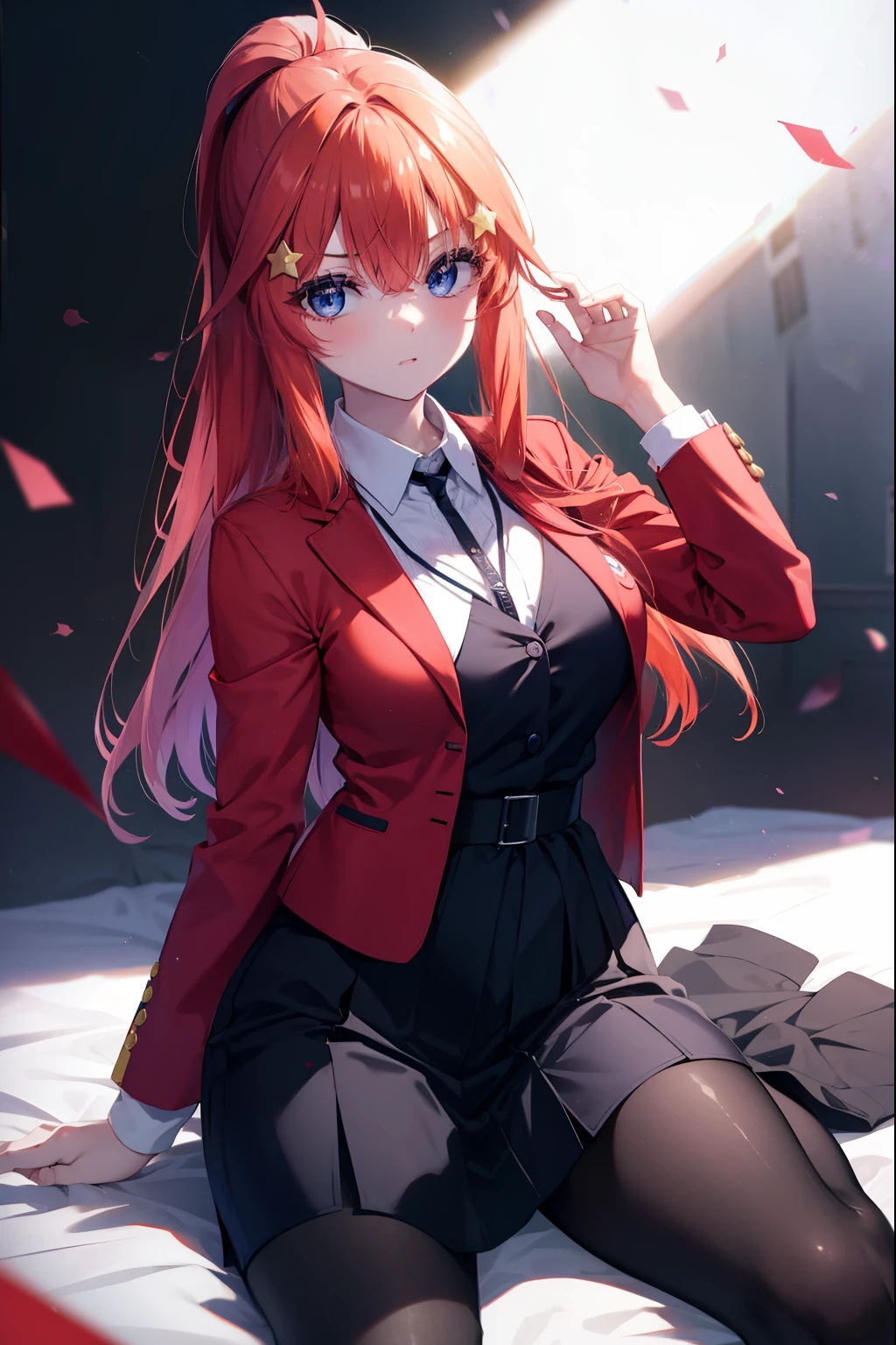 itsukinakano, Itsuki Nakano, bangs, blue eyes, hair between eyes, Ahoge, redhead, star \(symbol\), hair ornaments, star hair ornaments,ponytail, blue eyes, big breasts , 8K,highest quality,masterpiece,OL, red glasses, end, black suit jacket, collared jacket, white dress shirt, collared shirt, neckline, button, strap, ID card on neck,black pantyhose,Heel,have a textbook,corridorを歩いてる,
break indoors, School, corridor,
break (masterpiece:1.2), highest quality, High resolution, unity 8k wallpaper, (figure:0.8), (detailed and beautiful eyes:1.6), highly detailed face, perfect lighting, Very detailed CG, (perfect hands, perfect anatomy),