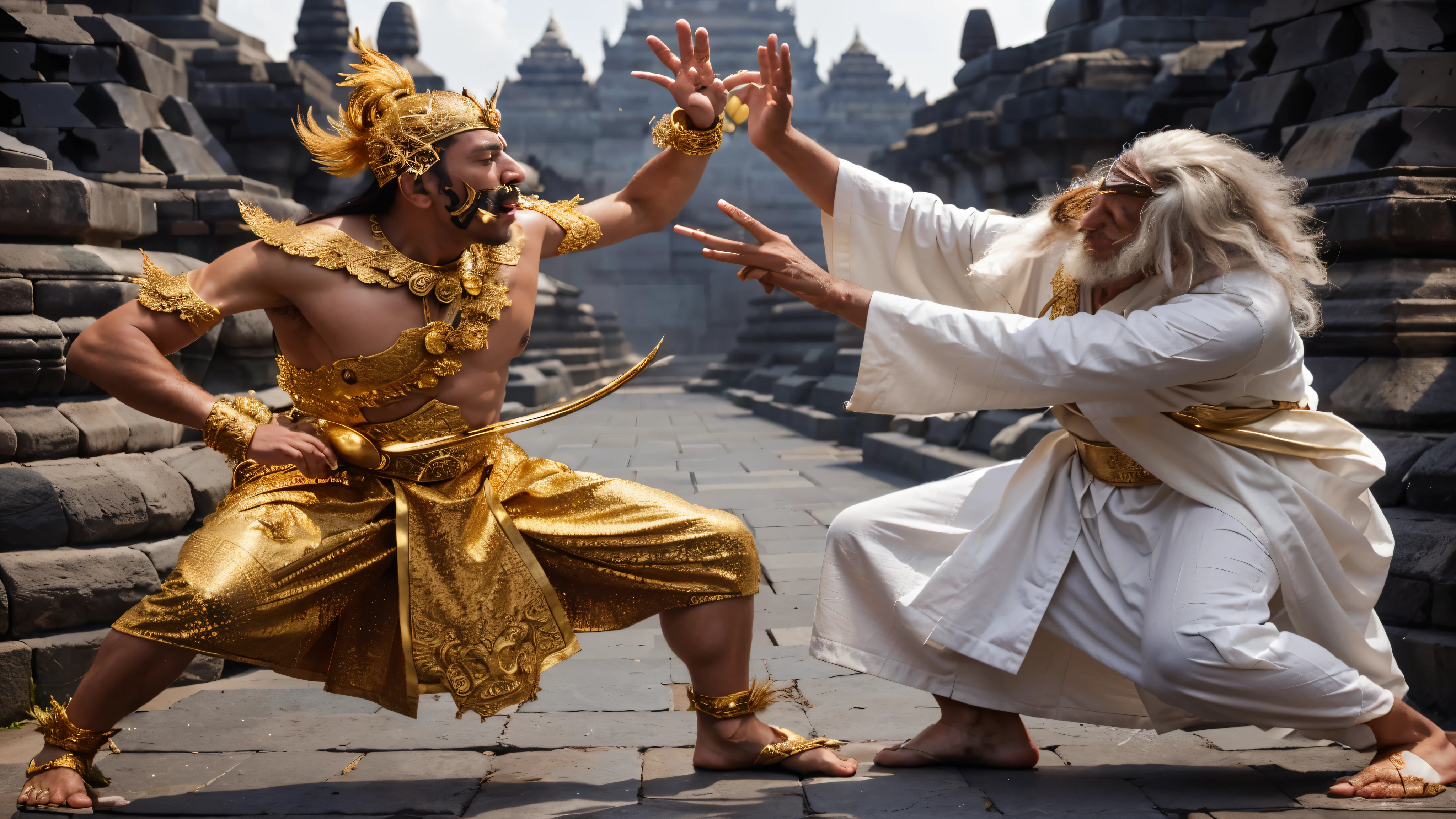 arafed man in a white robe and a man in a gold outfit, javanese mythology, from ramayan, godlike and stoic, journey to the west, yiqiang and shurakrgt, still from a fantasy movie, ancient kings in white robes, by Robert Medley, in a fighting pose, scene from live action movie, kung-fu