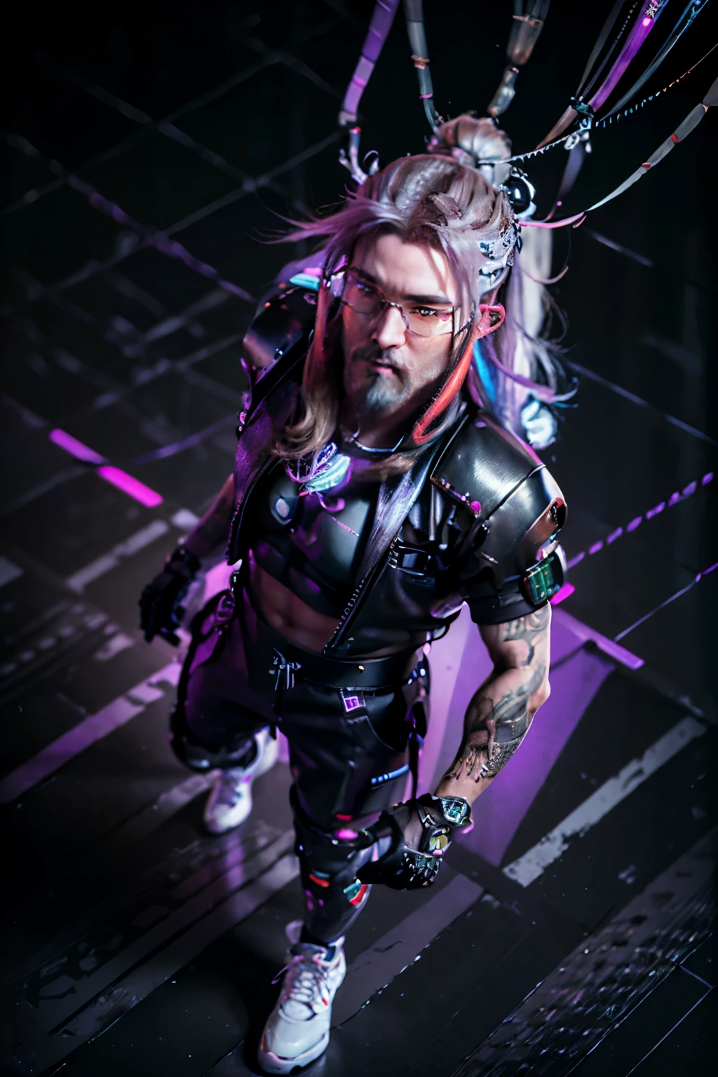 analog style, model shoot tyle, (full body), tattooed chest and arm, ((Viking male whit mediun long hair viking style whit colorful wires entangled on the hair fully detail)), (( viking beard and wearing futuristic visor/glasses)), wearing a sport hyper futuristic bomber jacket black and colorful, bottom futuristic black pants whit electric orange on details, (sneakers hyper futuristic high fashioned), ((right arm full metal cybernetic arm black chromed with purple shine)), (Cyberpunk, Cyberpunk city background ), ((Perfect face:1.3)), (pale skin:1.5), (From above:1.4), Best Quality, (Colors, hyperdetails:1.5), Octane Render, ultra realistic lifelike textures, masterpiece, the Extremely Detailed CG Unity 8K Wallpapers, crazy detail details, Ultra-realistic light